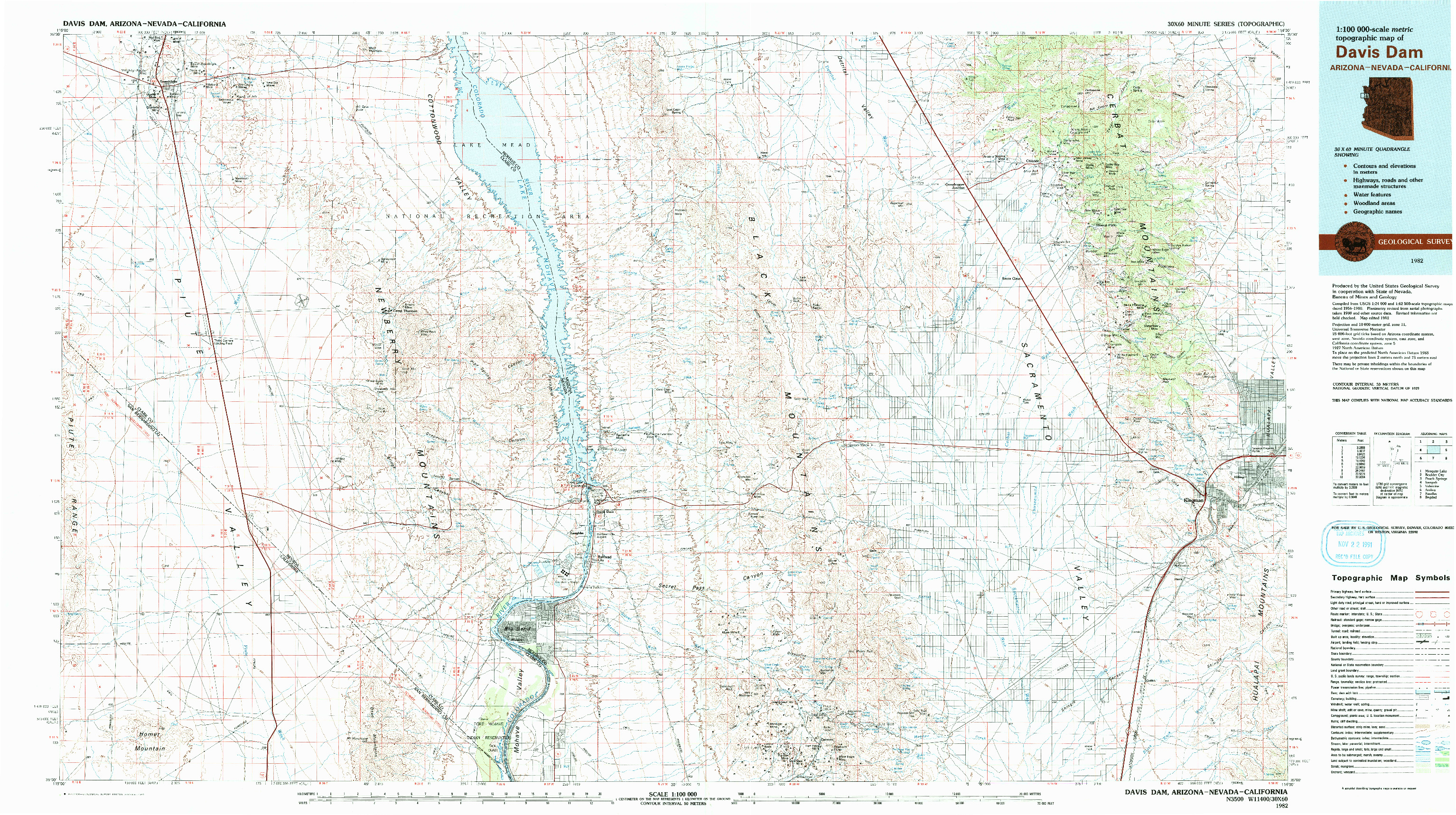 USGS 1:100000-SCALE QUADRANGLE FOR DAVIS DAM, AZ 1982