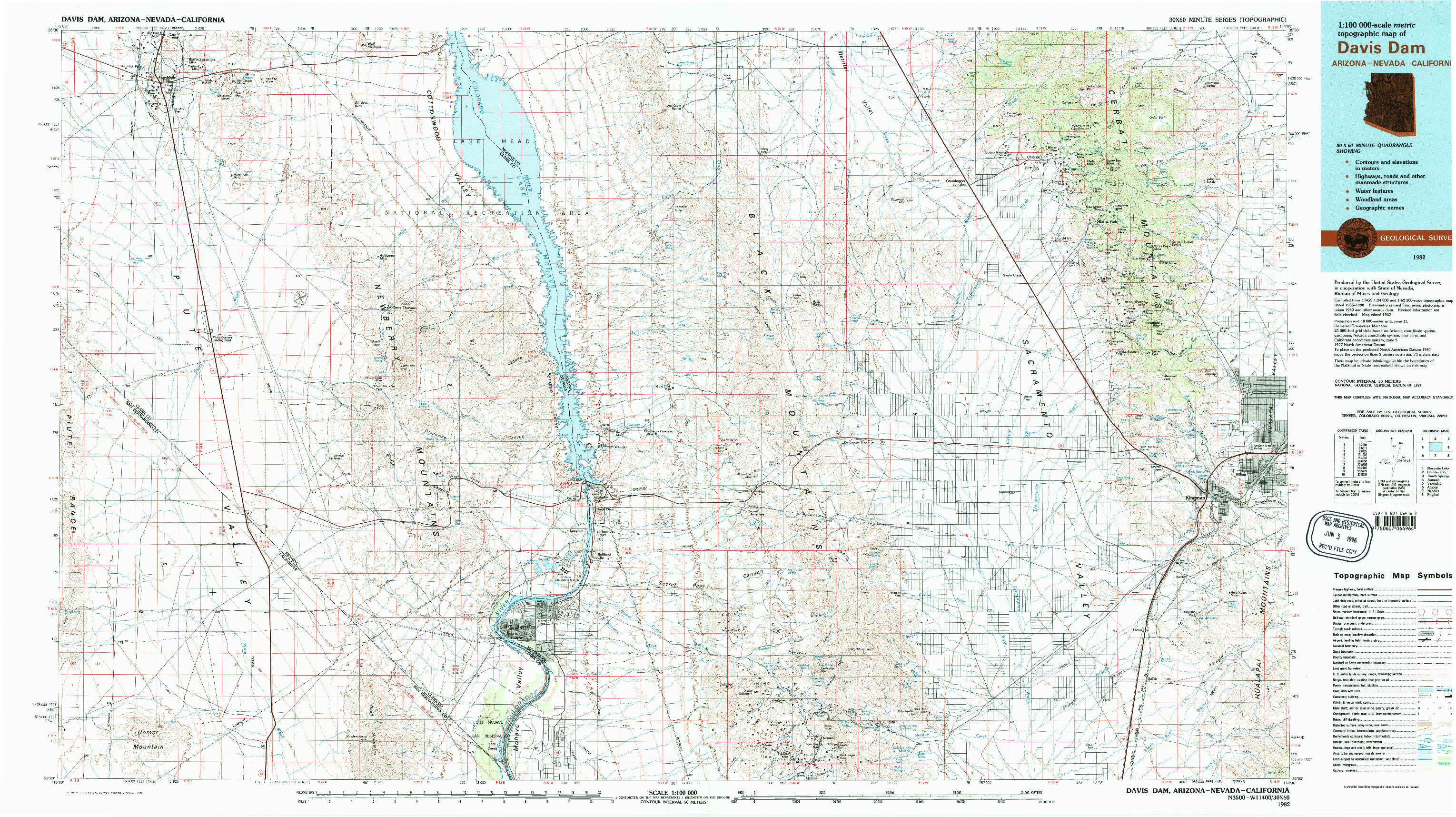 USGS 1:100000-SCALE QUADRANGLE FOR DAVIS DAM, AZ 1982