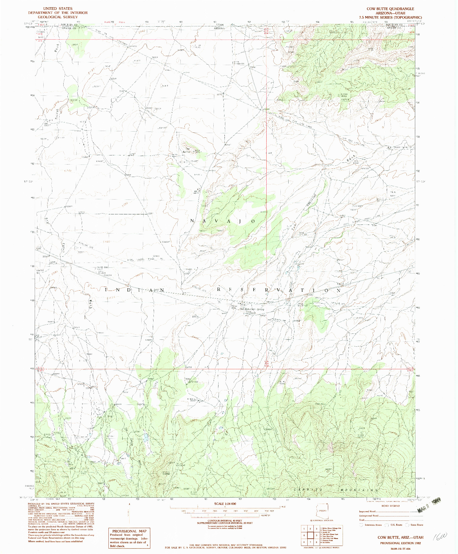 USGS 1:24000-SCALE QUADRANGLE FOR COW BUTTE, AZ 1982