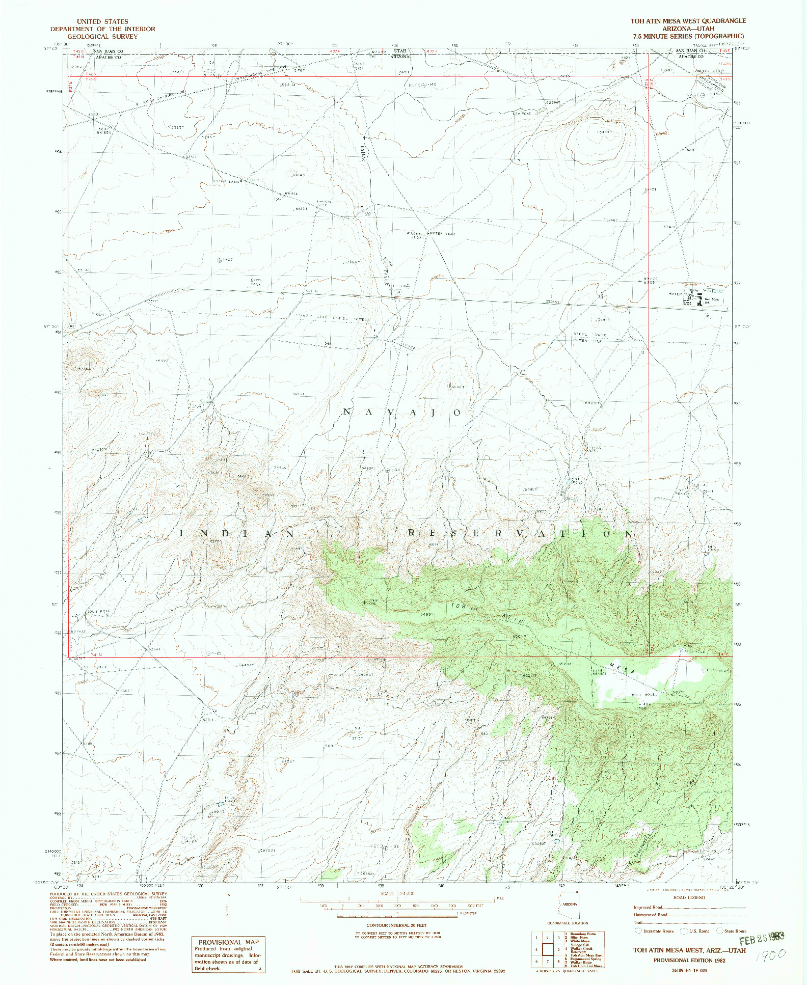 USGS 1:24000-SCALE QUADRANGLE FOR TOH ATIN MESA WEST, AZ 1982
