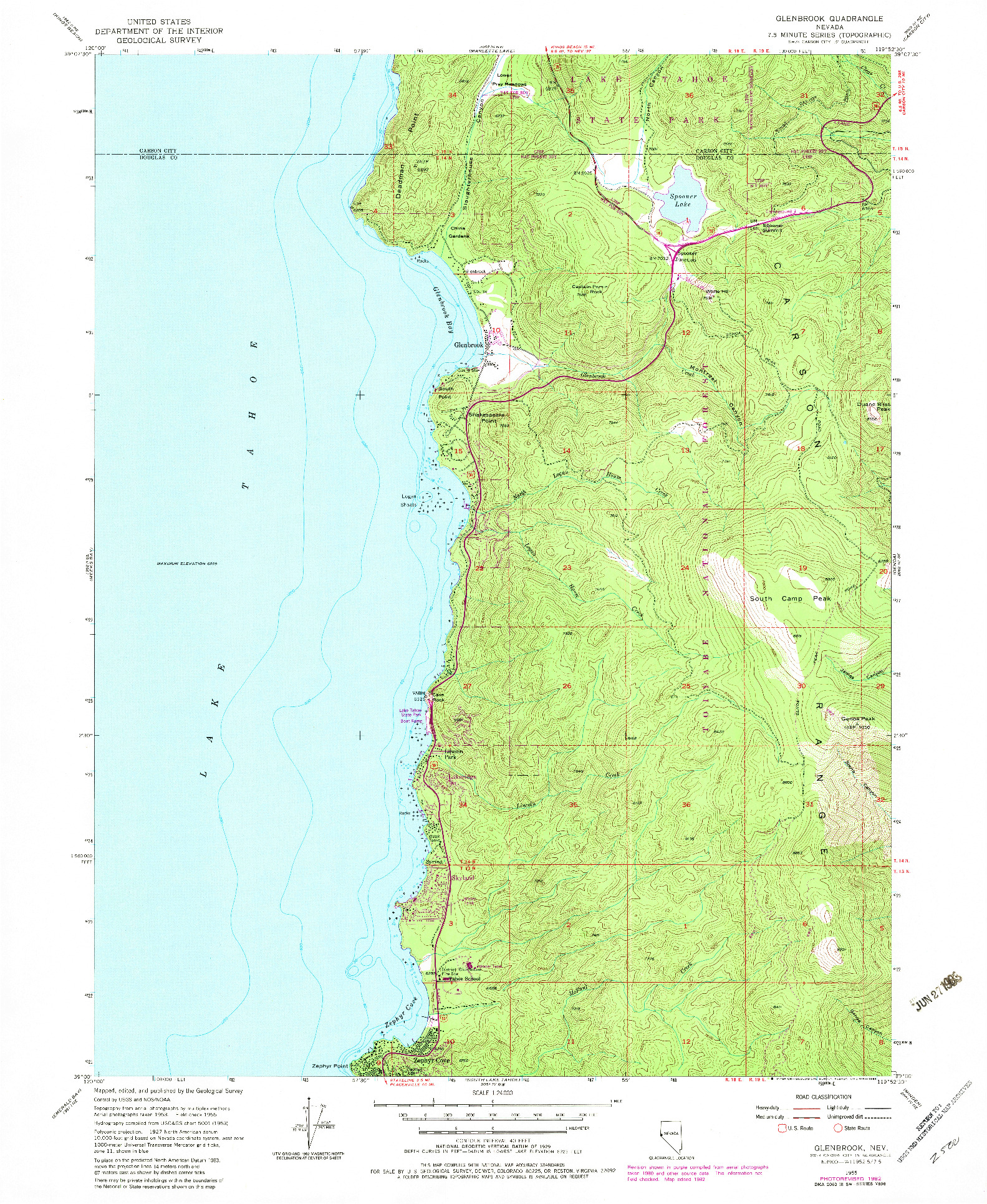 USGS 1:24000-SCALE QUADRANGLE FOR GLENBROOK, NV 1955