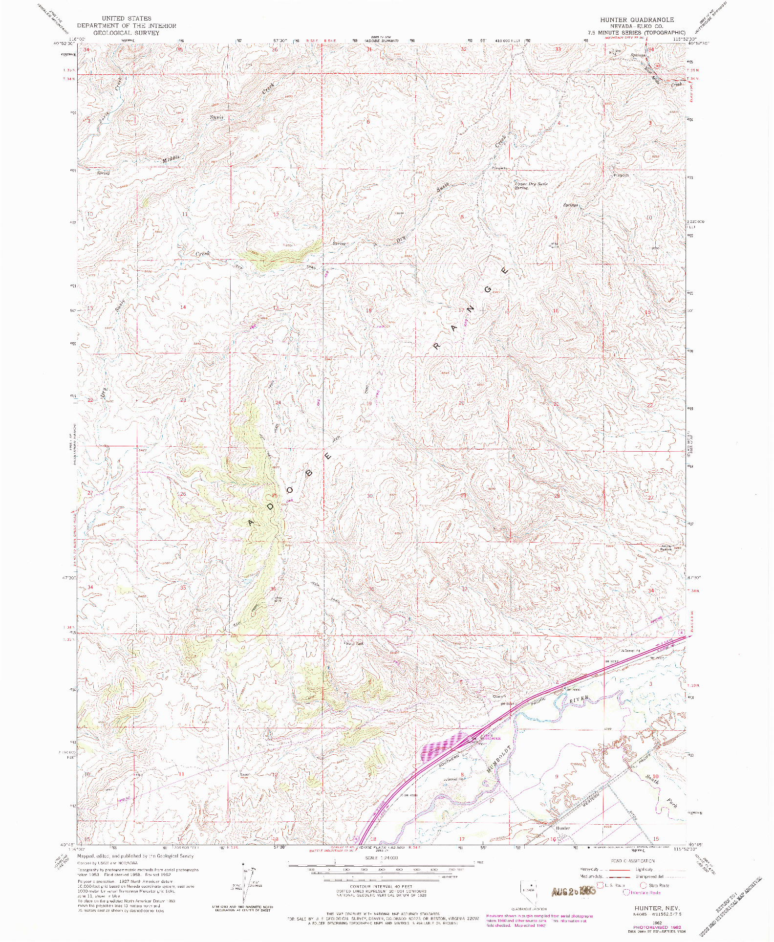 USGS 1:24000-SCALE QUADRANGLE FOR HUNTER, NV 1962