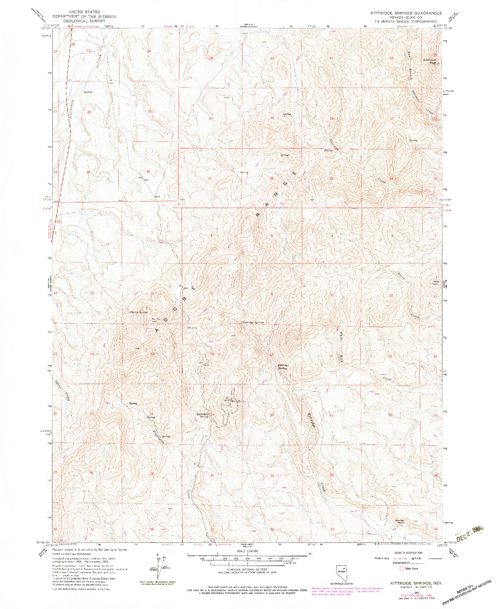 USGS 1:24000-SCALE QUADRANGLE FOR KITTRIDGE SPRINGS, NV 1962