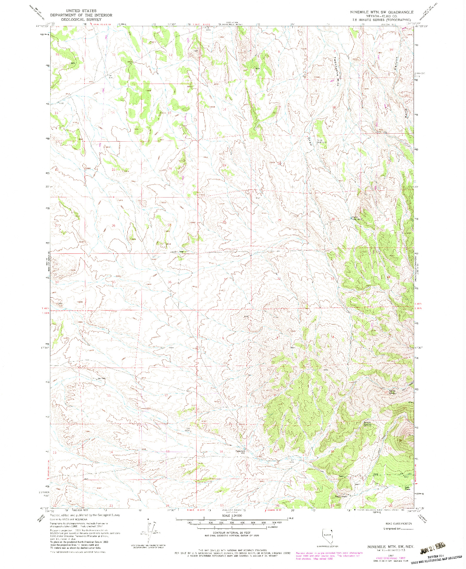 USGS 1:24000-SCALE QUADRANGLE FOR NINEMILE MTN SW, NV 1967