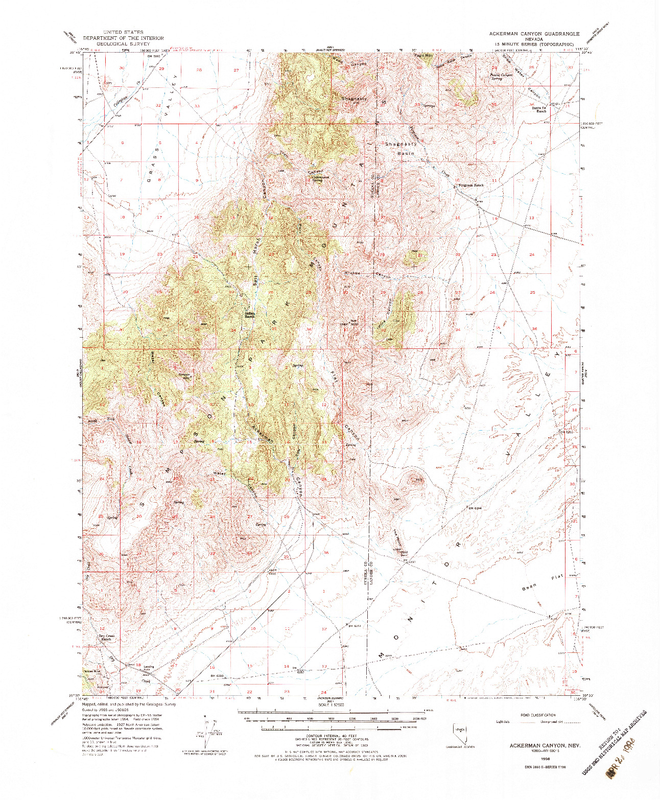 USGS 1:62500-SCALE QUADRANGLE FOR ACKERMAN CANYON, NV 1956