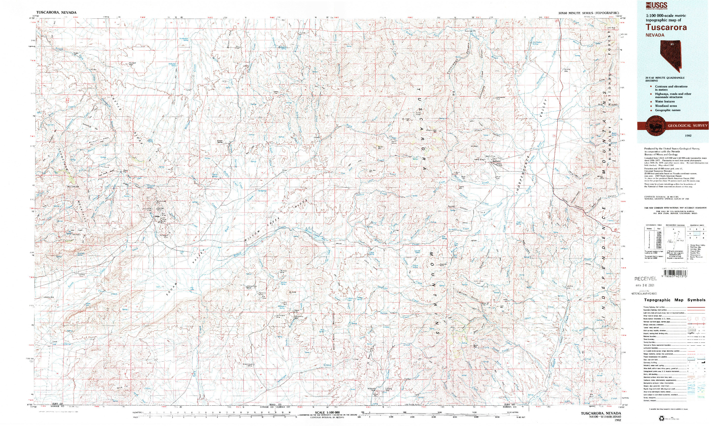 USGS 1:100000-SCALE QUADRANGLE FOR TUSCARORA, NV 1982