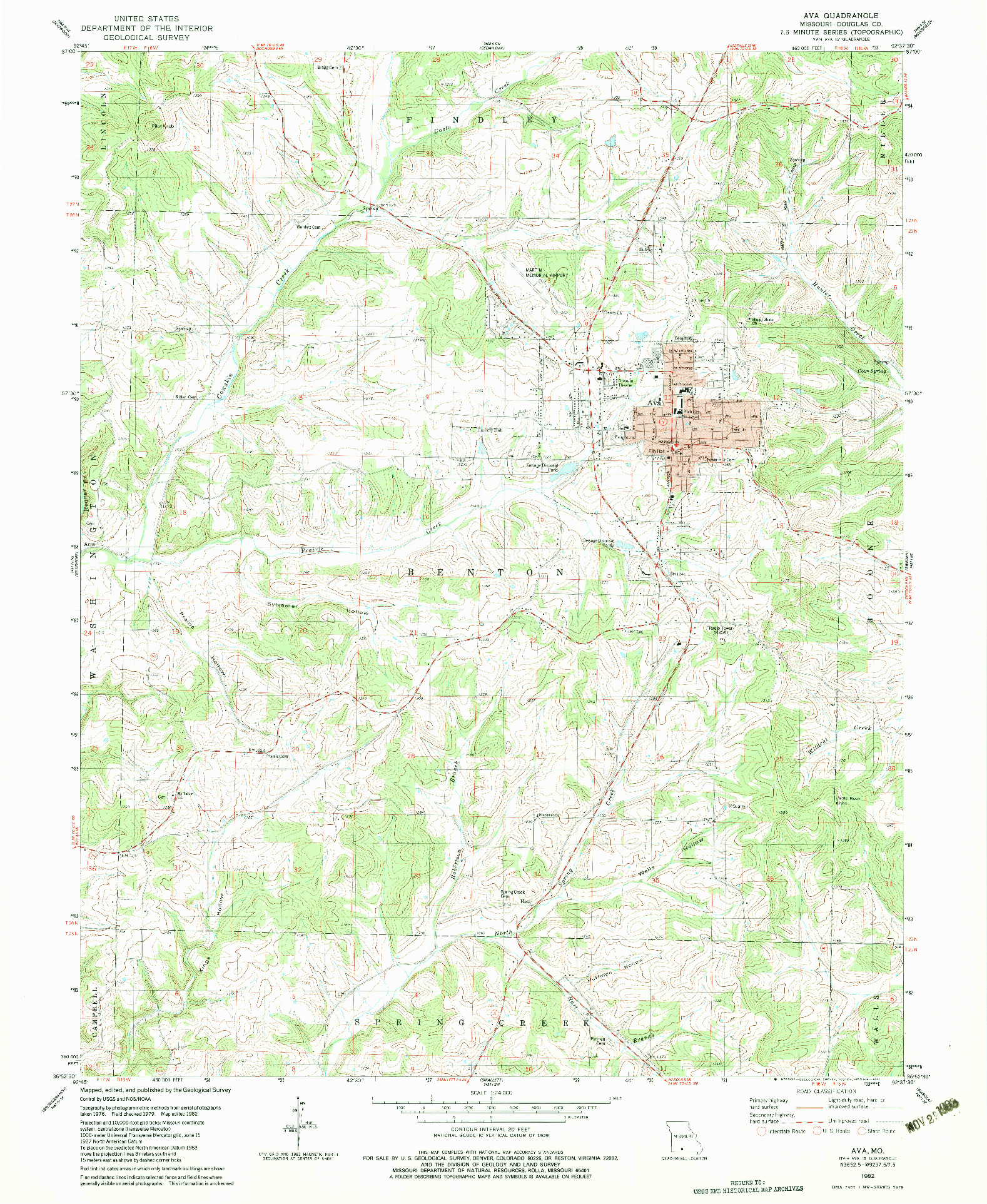 USGS 1:24000-SCALE QUADRANGLE FOR AVA, MO 1982