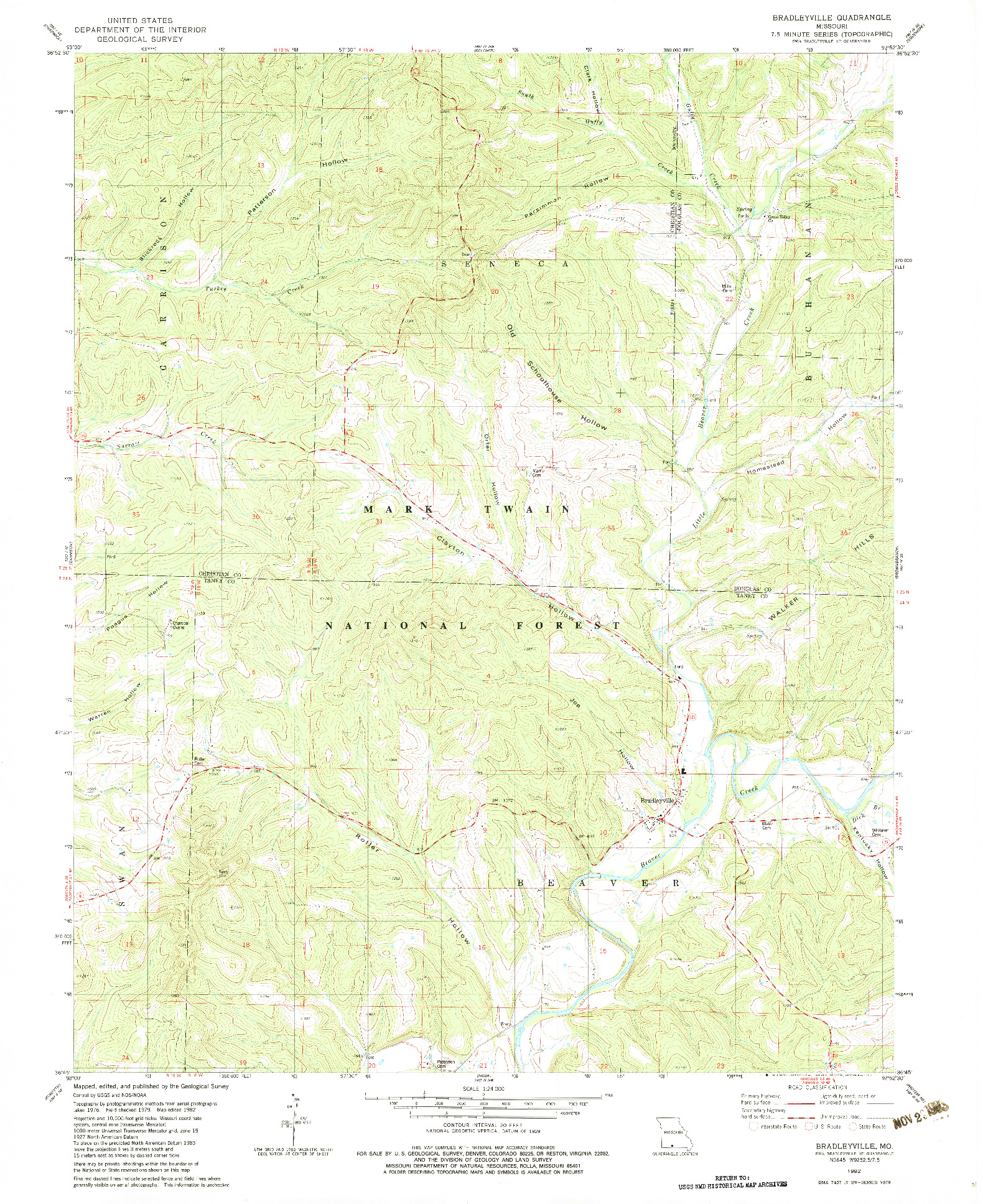 USGS 1:24000-SCALE QUADRANGLE FOR BRADLEYVILLE, MO 1982
