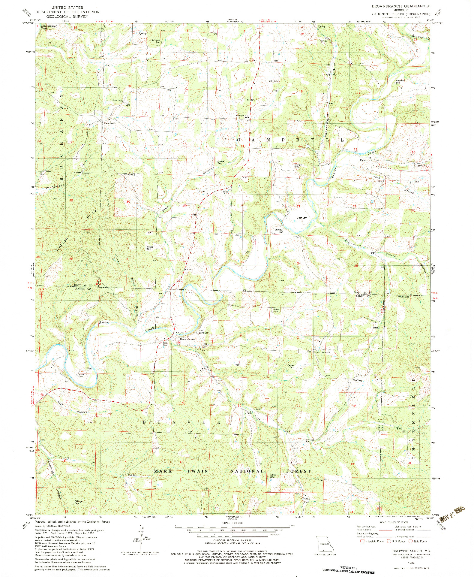 USGS 1:24000-SCALE QUADRANGLE FOR BROWNBRANCH, MO 1982