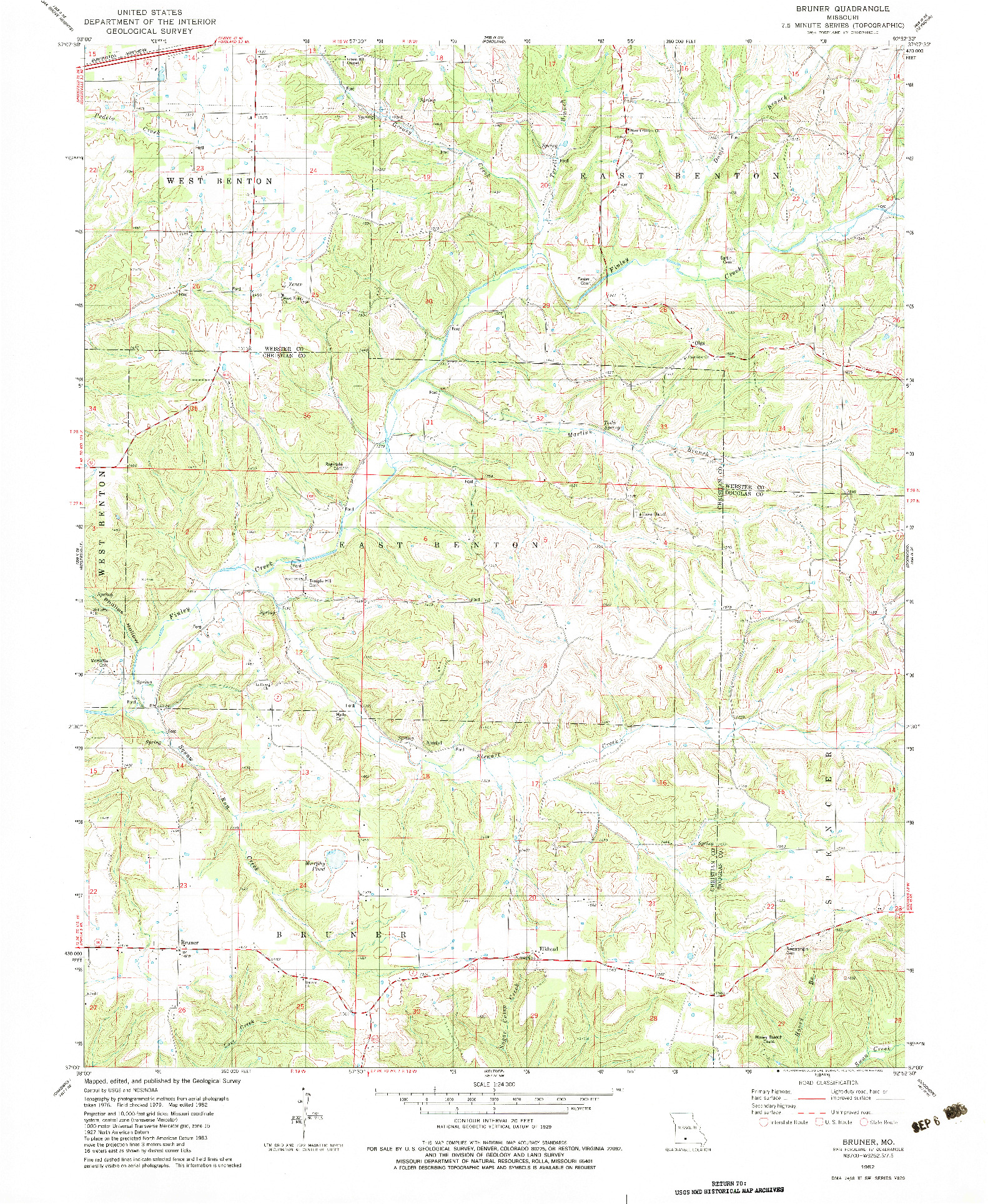 USGS 1:24000-SCALE QUADRANGLE FOR BRUNER, MO 1982