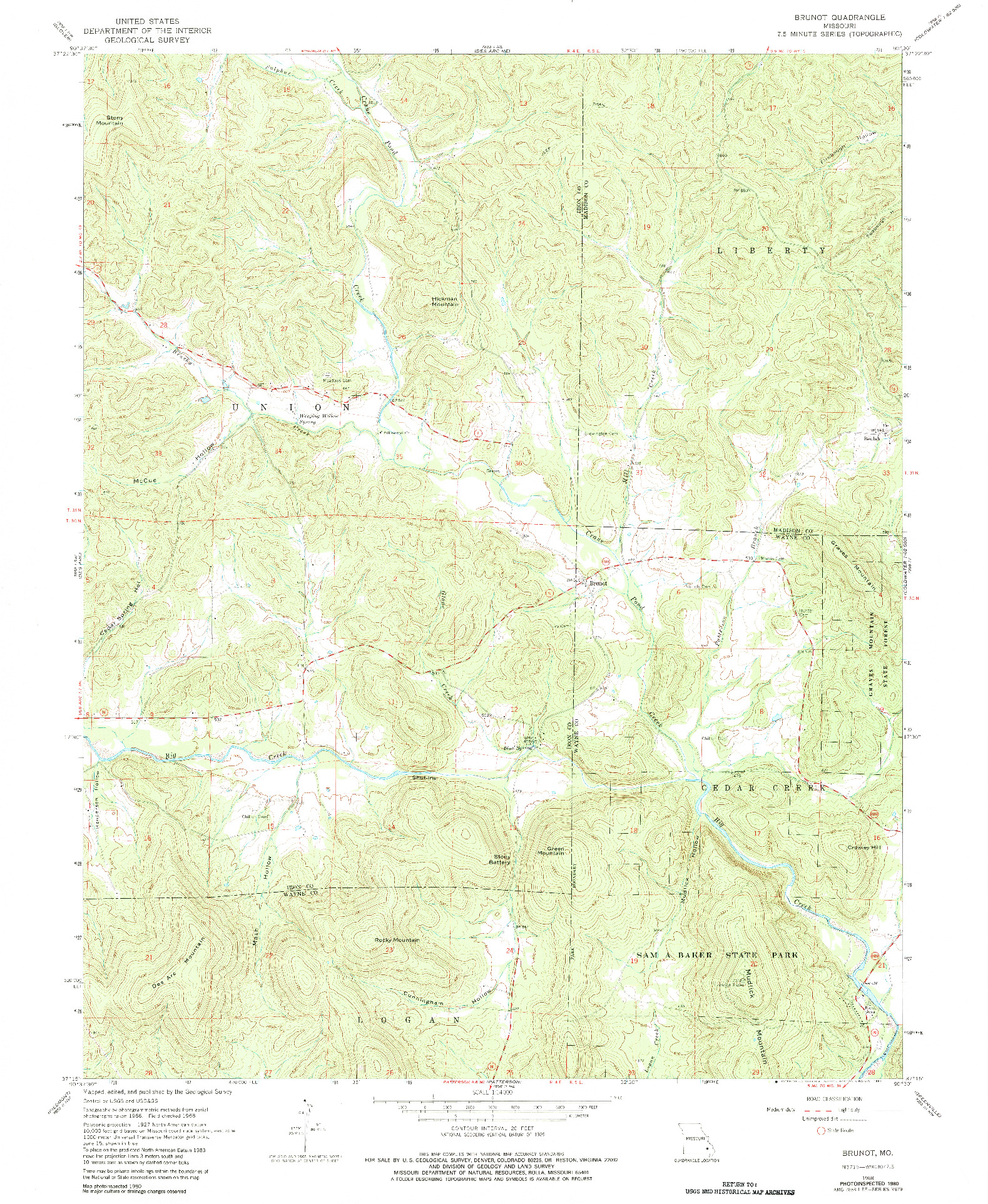 USGS 1:24000-SCALE QUADRANGLE FOR BRUNOT, MO 1968