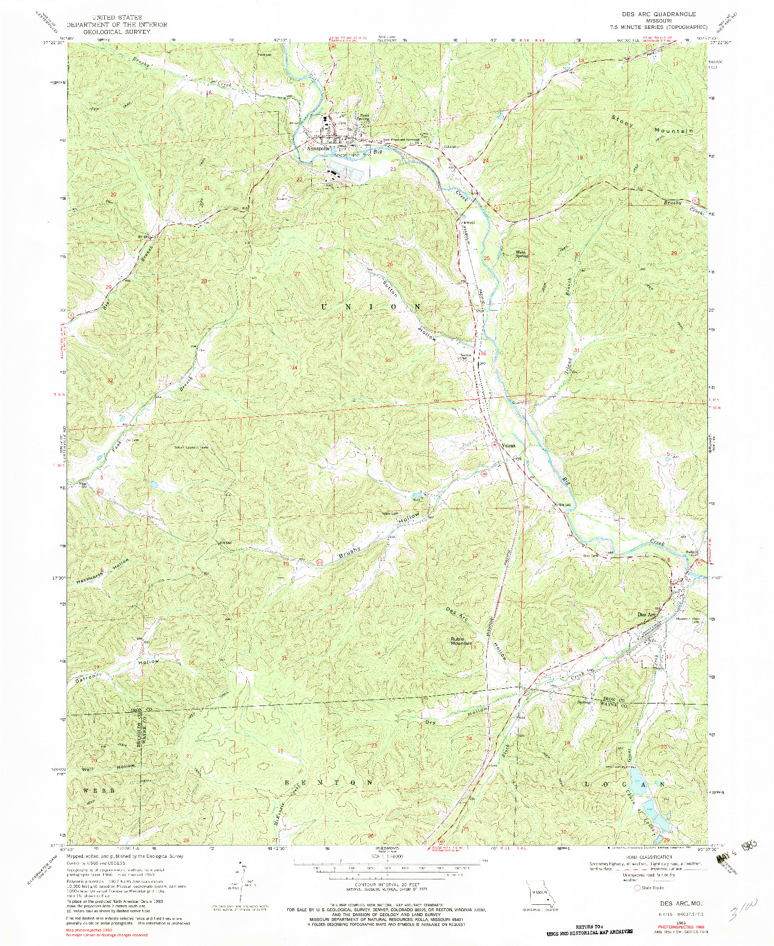 USGS 1:24000-SCALE QUADRANGLE FOR DES ARC, MO 1969