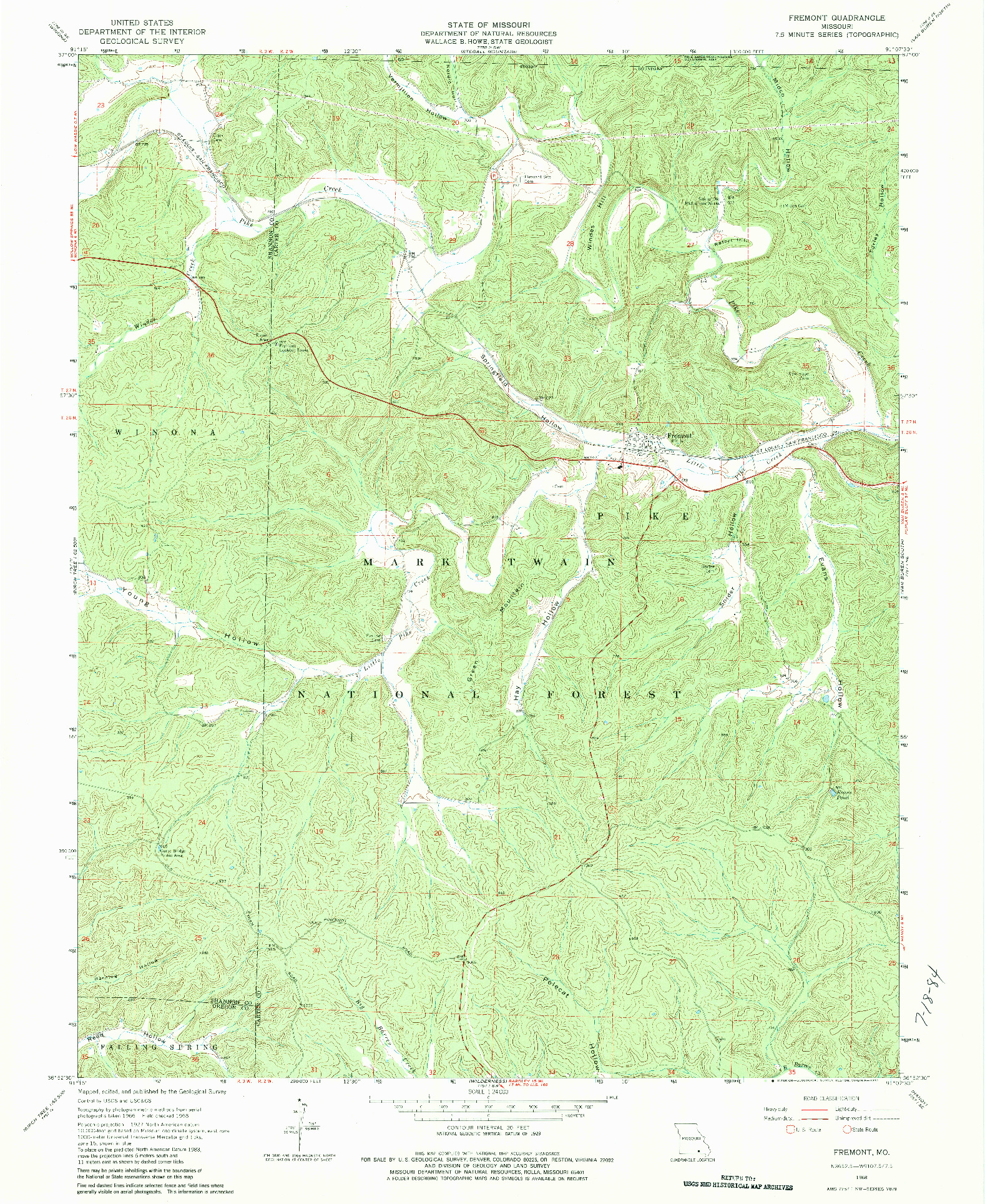 USGS 1:24000-SCALE QUADRANGLE FOR FREMONT, MO 1968