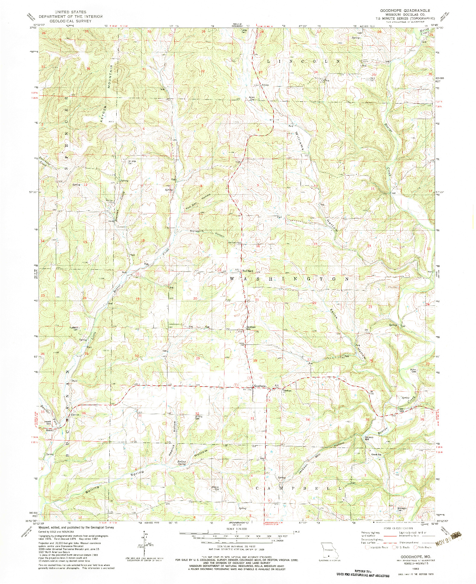 USGS 1:24000-SCALE QUADRANGLE FOR GOODHOPE, MO 1982