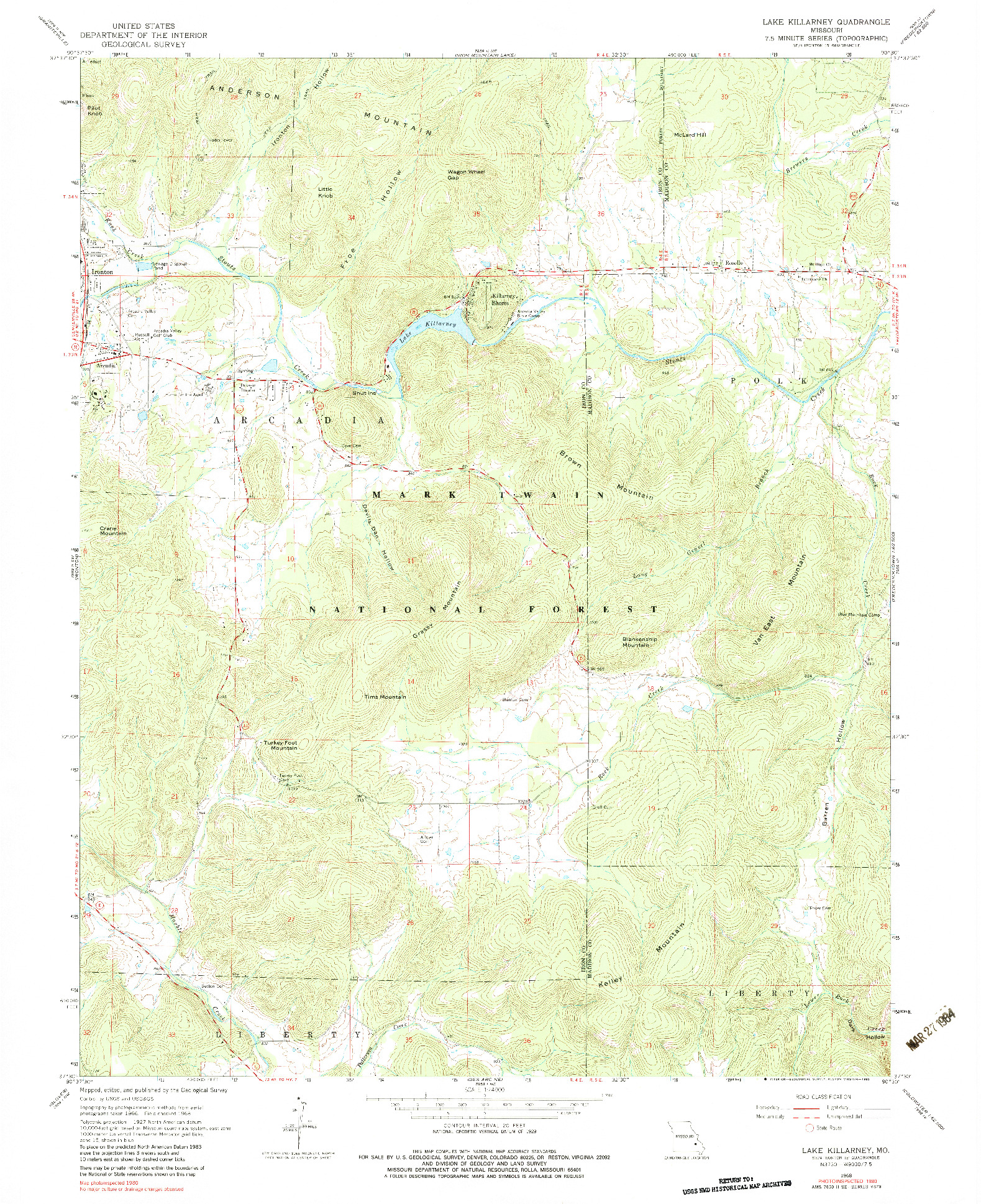 USGS 1:24000-SCALE QUADRANGLE FOR LAKE KILLARNEY, MO 1968