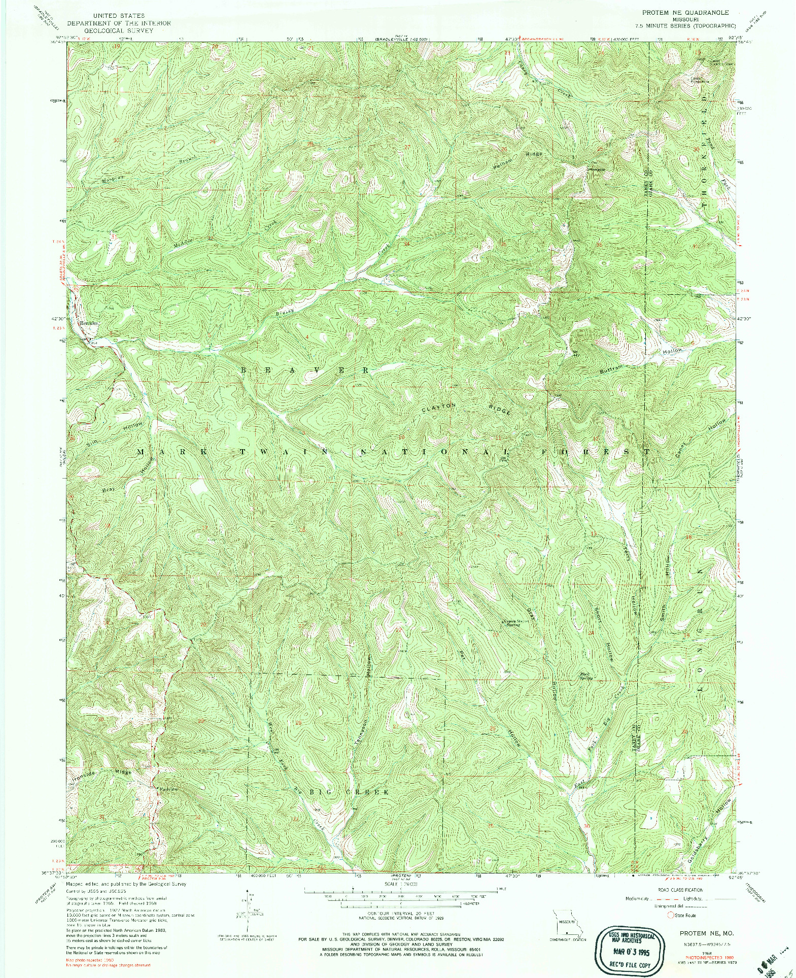 USGS 1:24000-SCALE QUADRANGLE FOR PROTEM NE, MO 1968