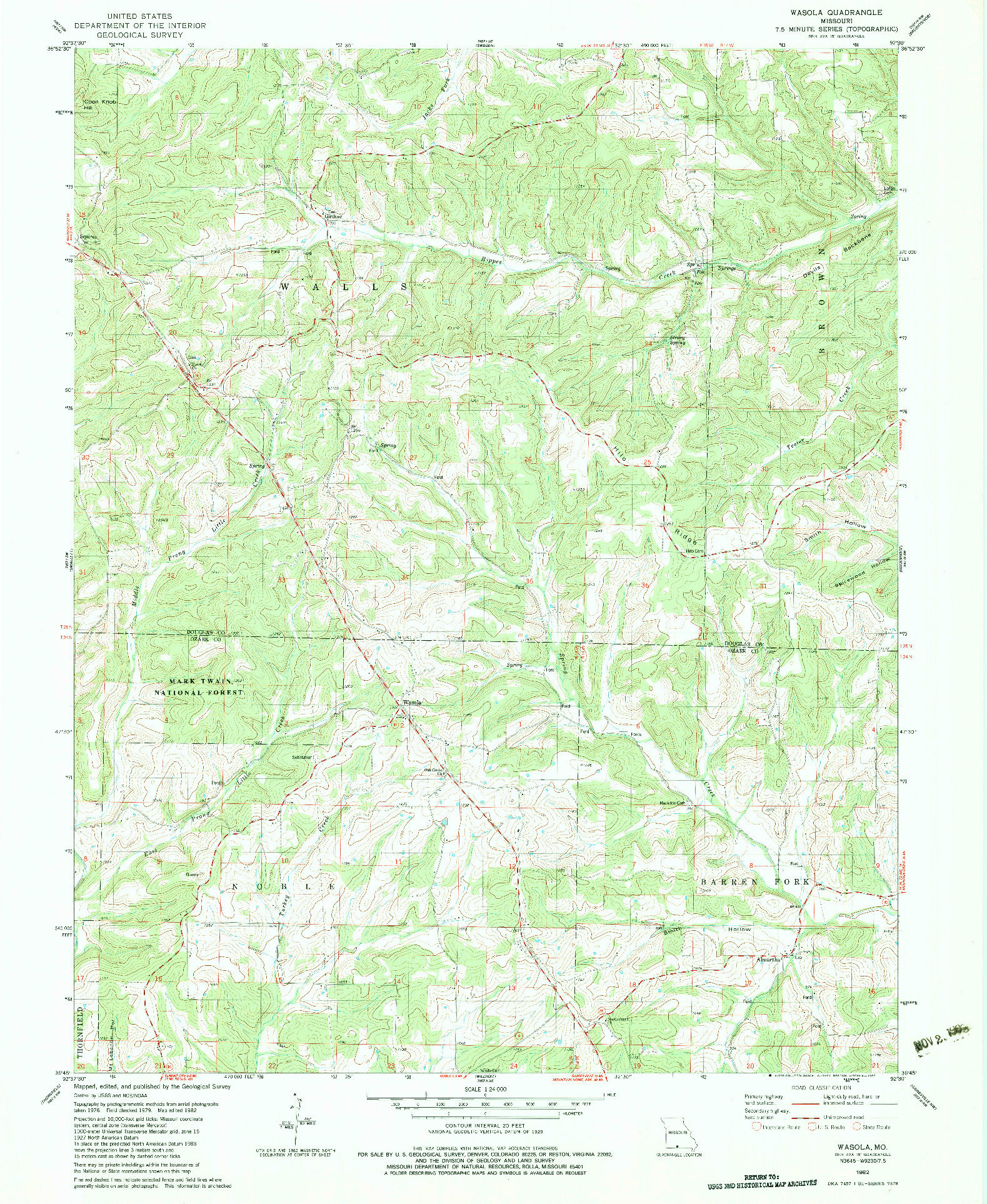 USGS 1:24000-SCALE QUADRANGLE FOR WASOLA, MO 1982