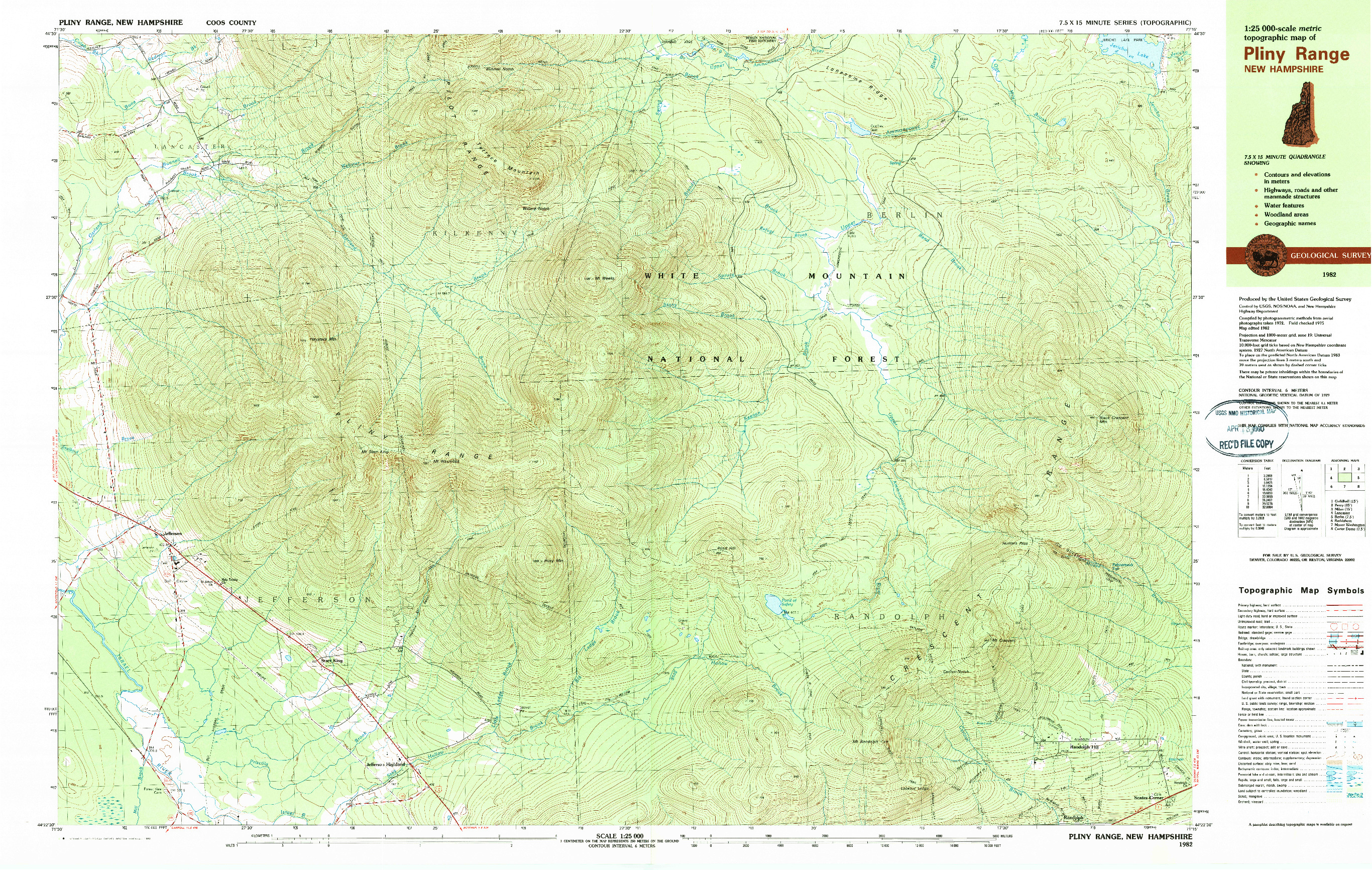 USGS 1:25000-SCALE QUADRANGLE FOR PLINY RANGE, NH 1982