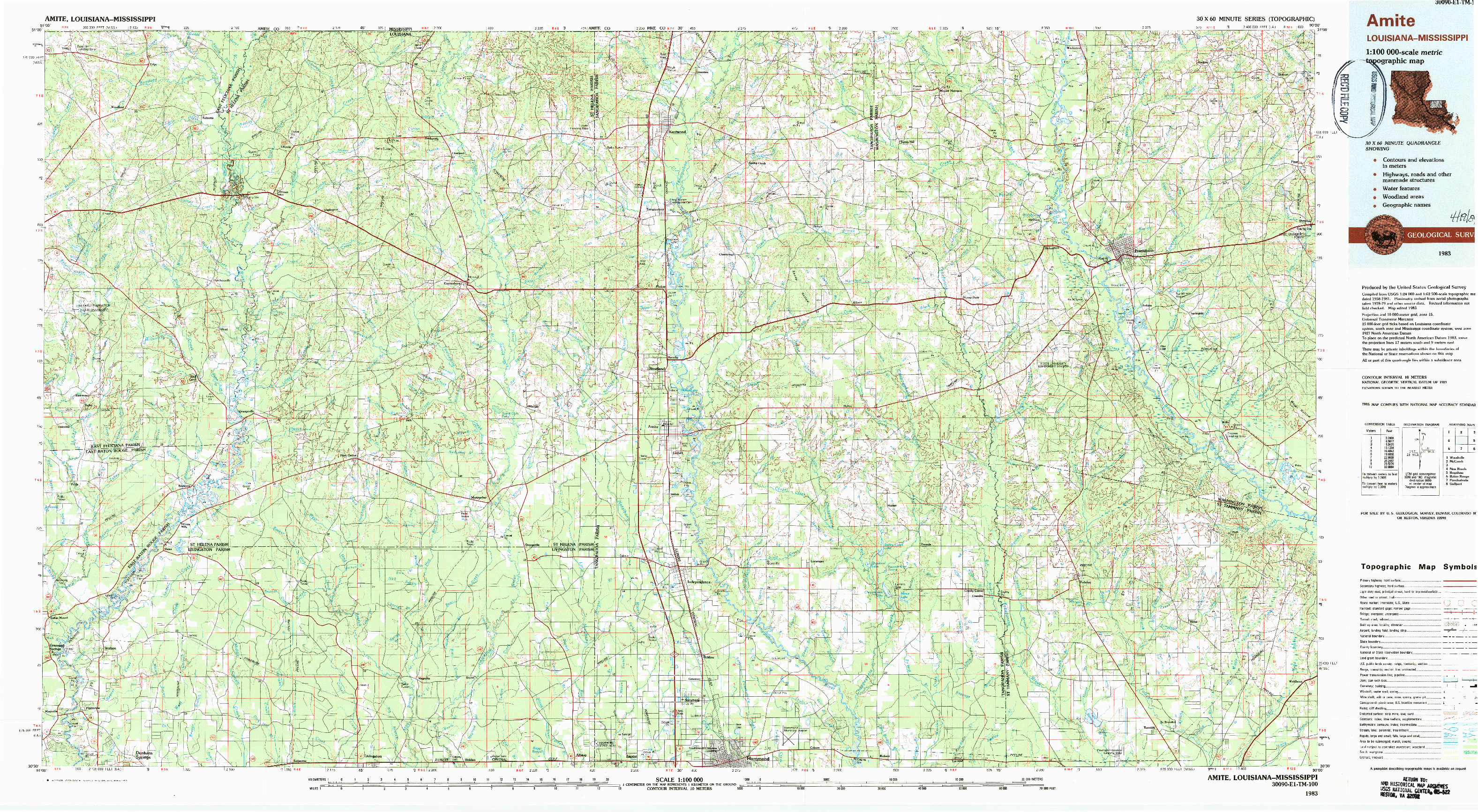 USGS 1:100000-SCALE QUADRANGLE FOR AMITE, LA 1983