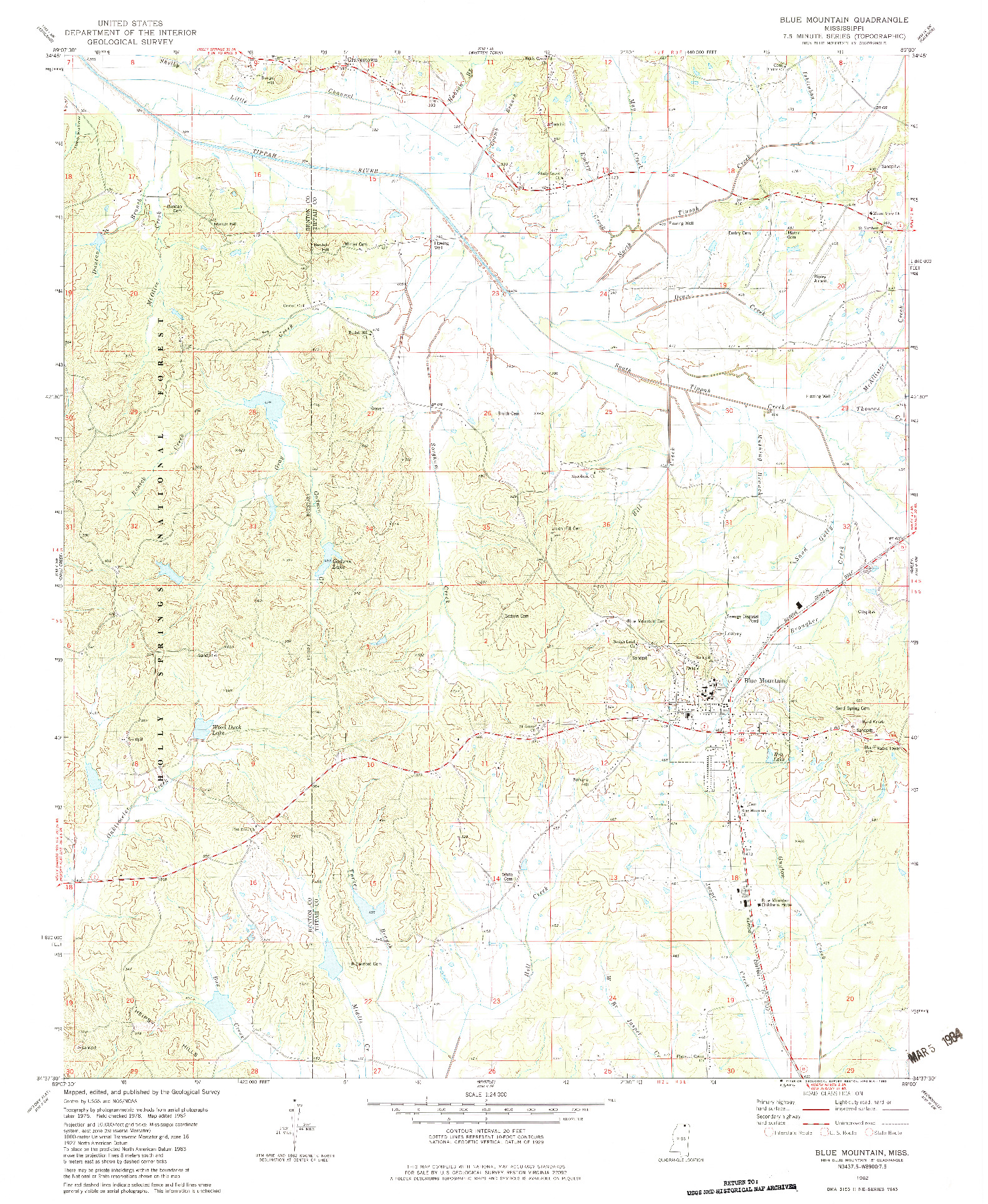 USGS 1:24000-SCALE QUADRANGLE FOR BLUE MOUNTAIN, MS 1982