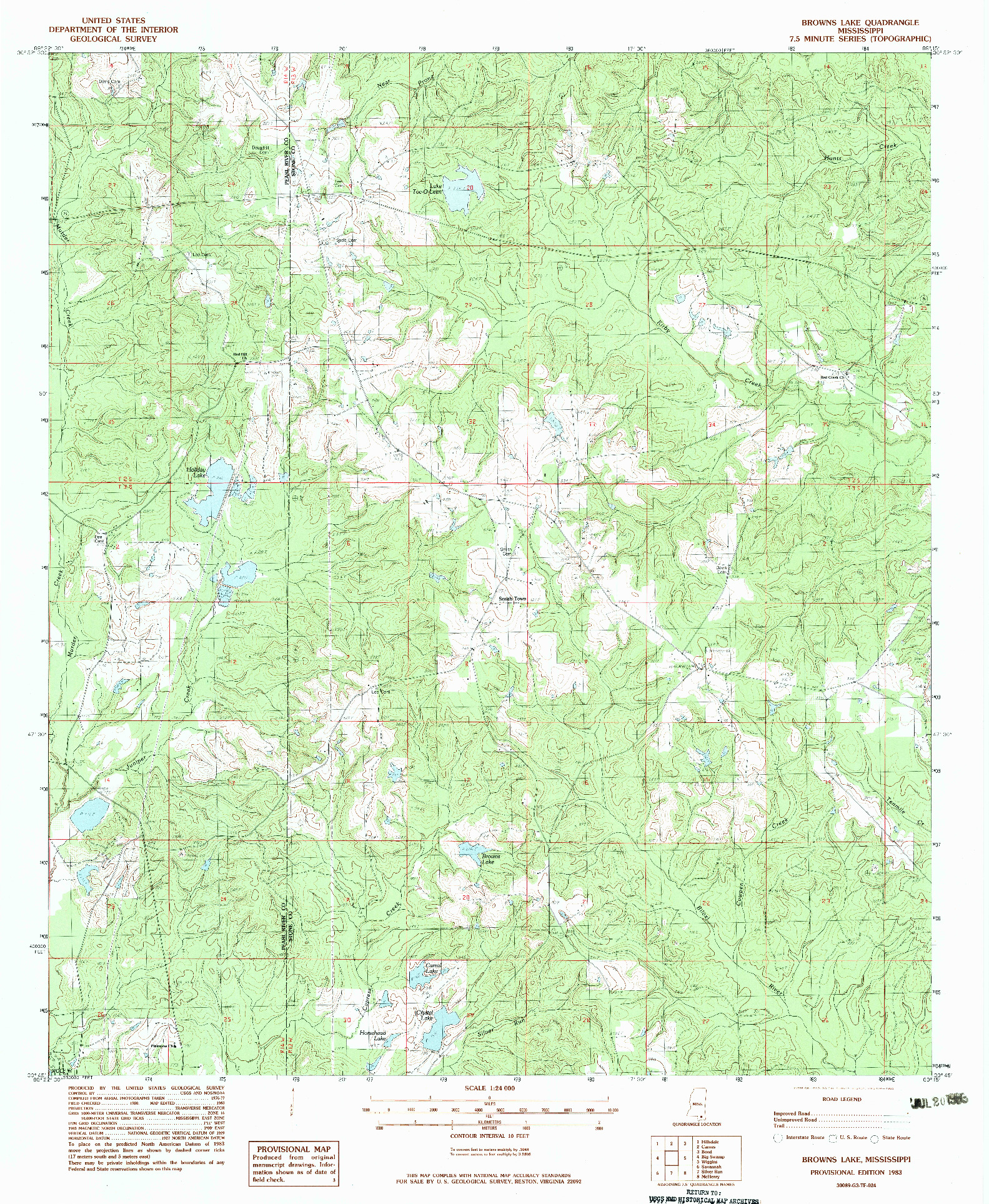 USGS 1:24000-SCALE QUADRANGLE FOR BROWNS LAKE, MS 1983