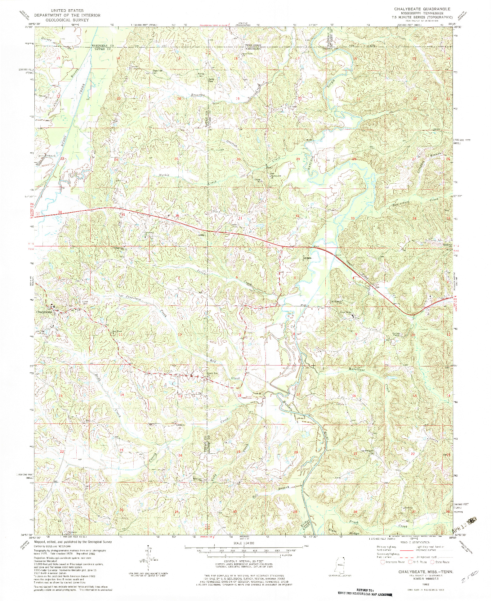 USGS 1:24000-SCALE QUADRANGLE FOR CHALYBEATE, MS 1982