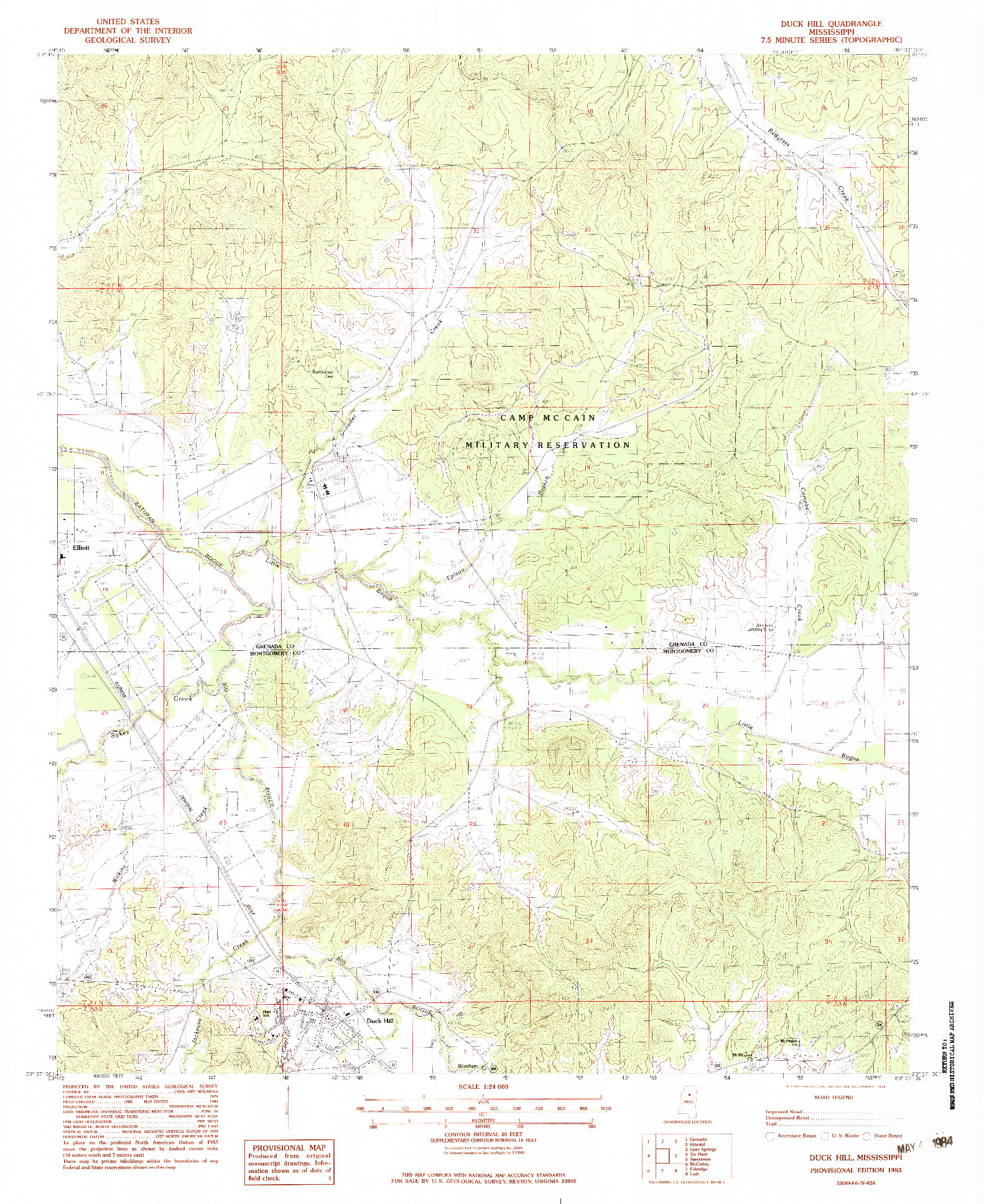 USGS 1:24000-SCALE QUADRANGLE FOR DUCK HILL, MS 1983