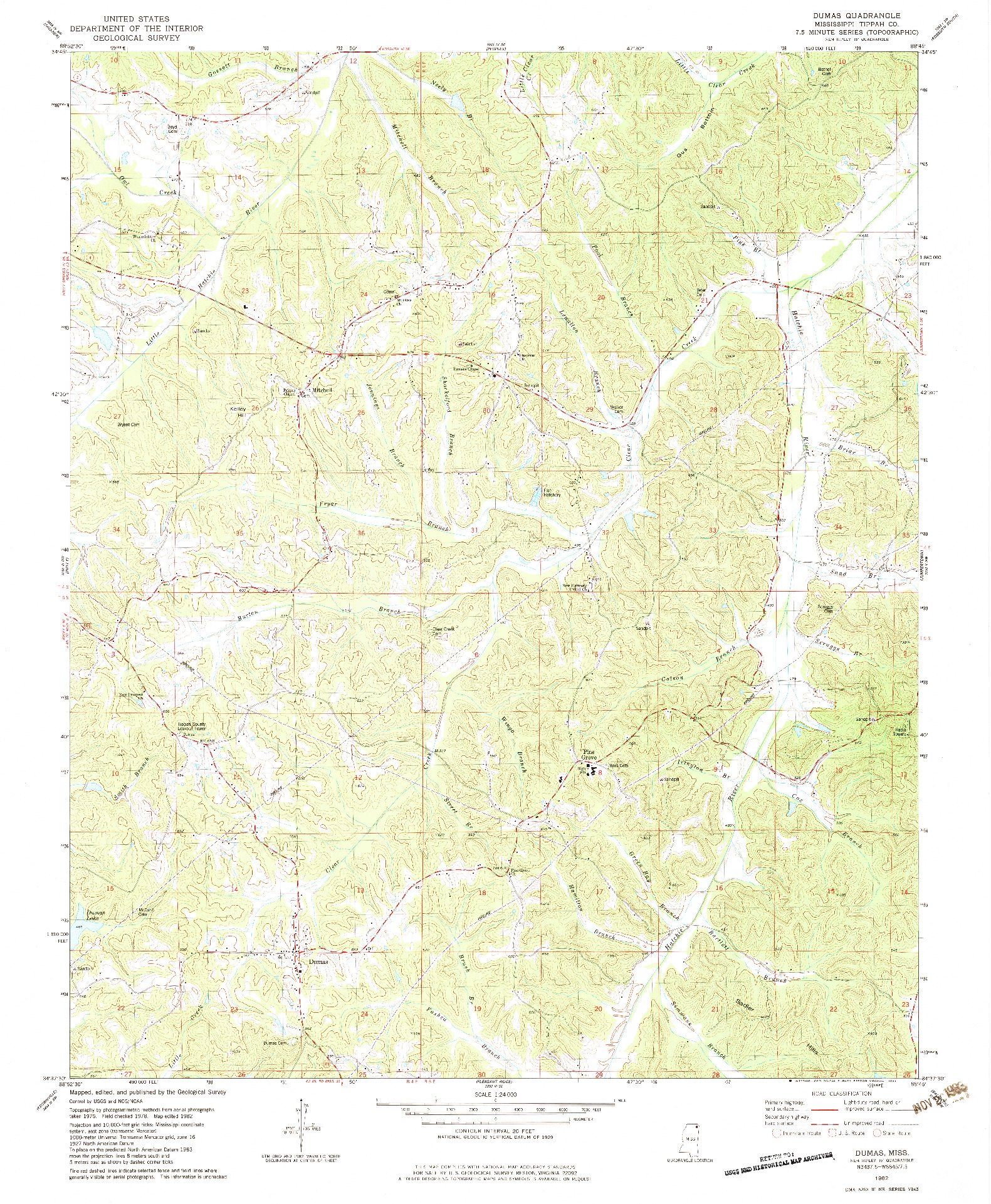 USGS 1:24000-SCALE QUADRANGLE FOR DUMAS, MS 1982