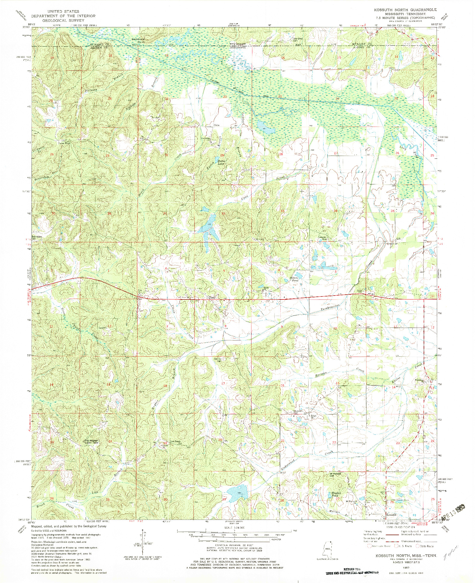 USGS 1:24000-SCALE QUADRANGLE FOR KOSSUTH NORTH, MS 1982