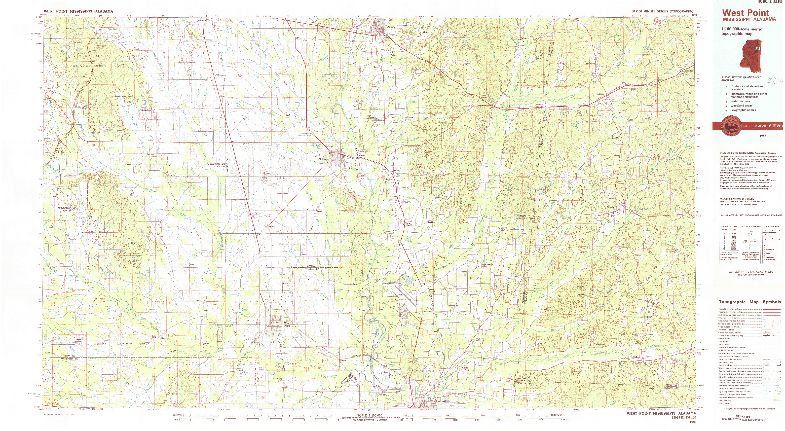 USGS 1:100000-SCALE QUADRANGLE FOR WEST POINT, MS 1982