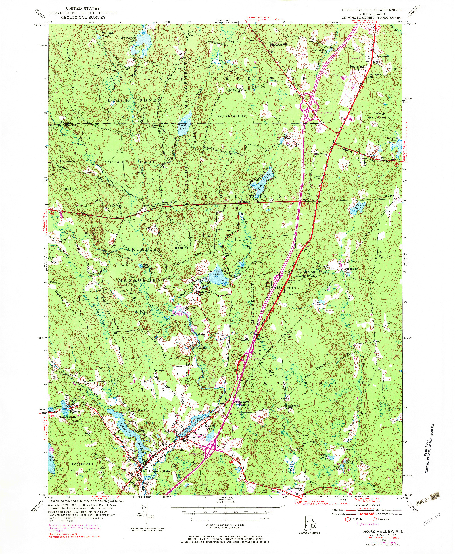 USGS 1:24000-SCALE QUADRANGLE FOR HOPE VALLEY, RI 1953