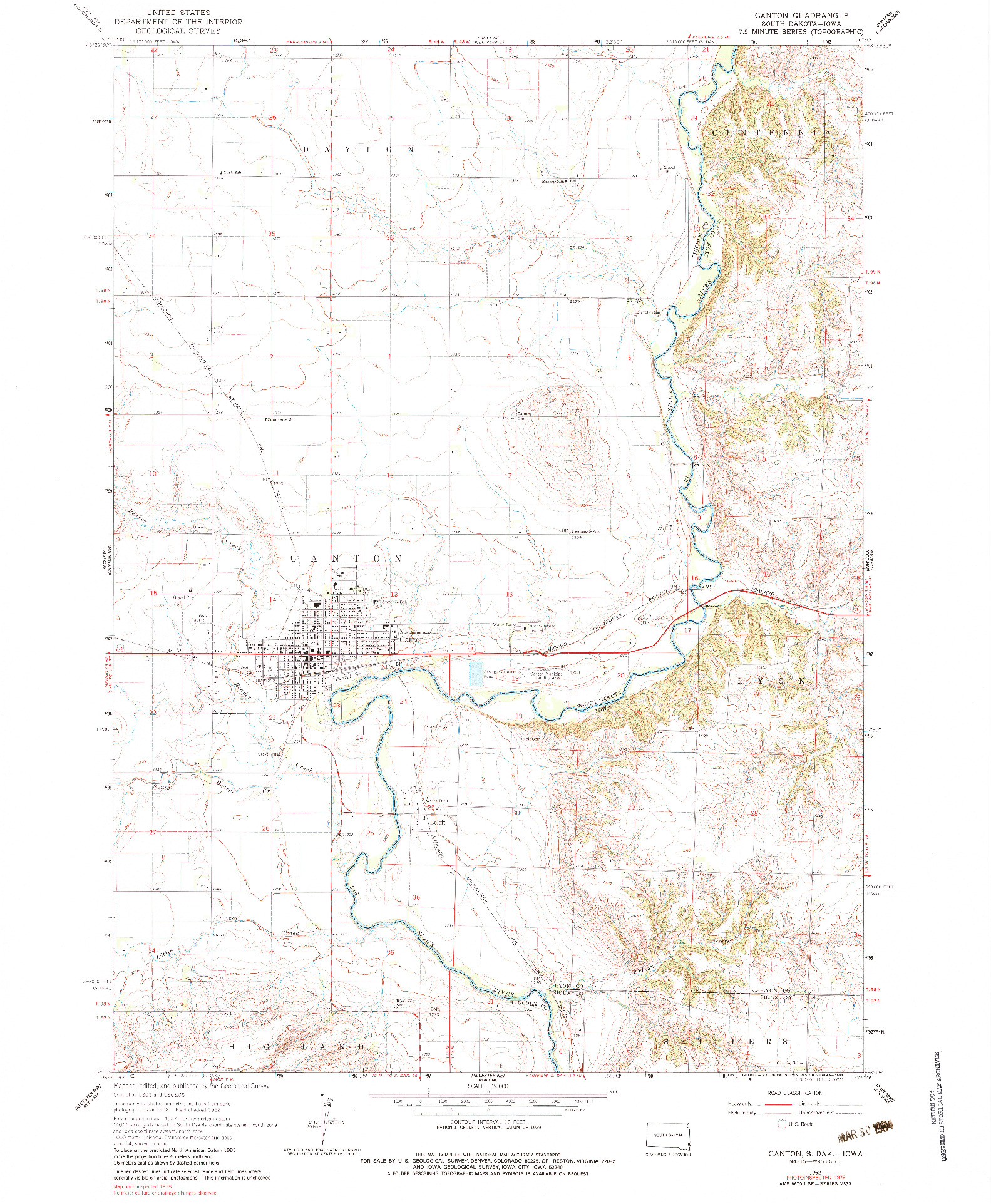 USGS 1:24000-SCALE QUADRANGLE FOR CANTON, SD 1962