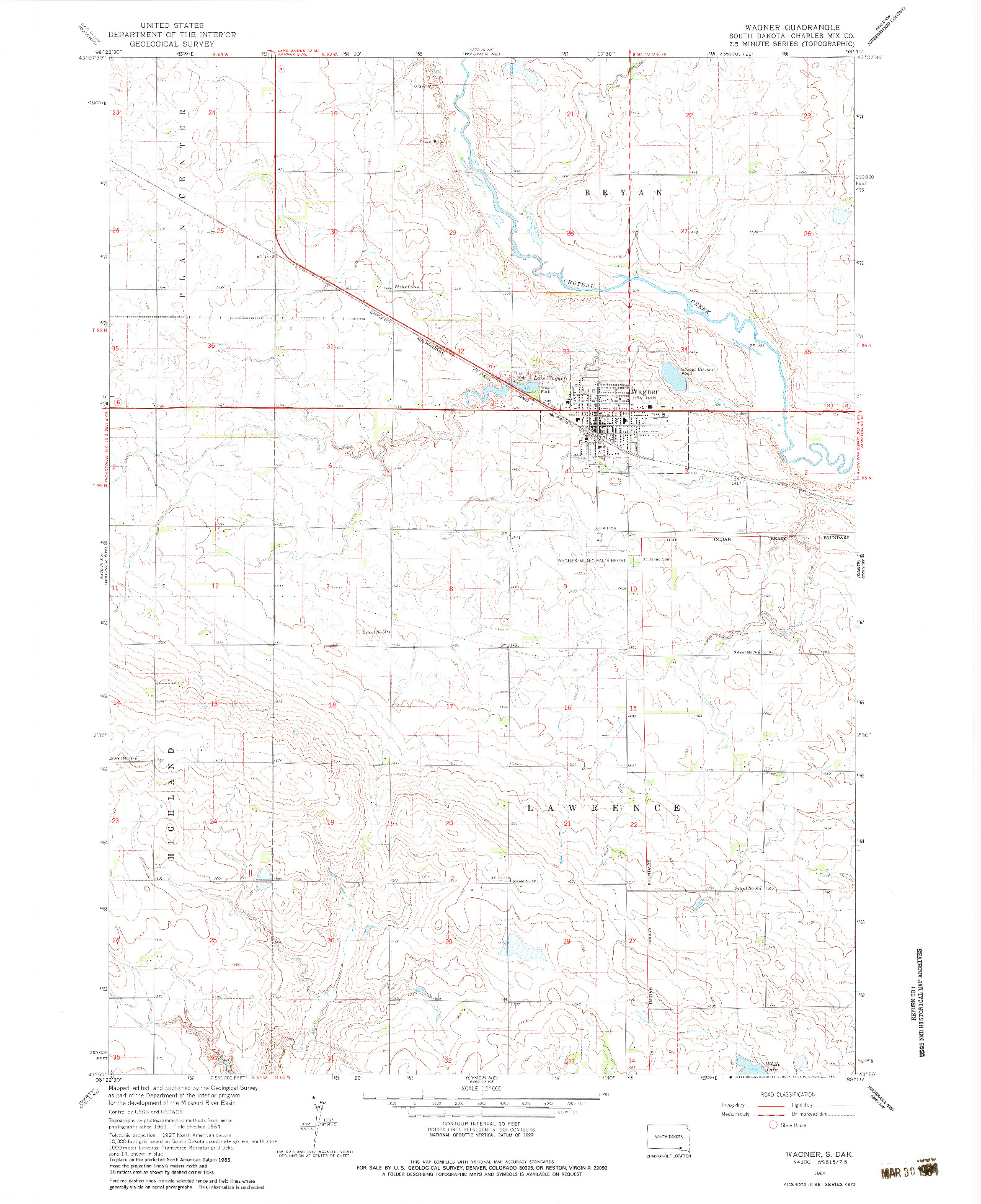 USGS 1:24000-SCALE QUADRANGLE FOR WAGNER, SD 1964