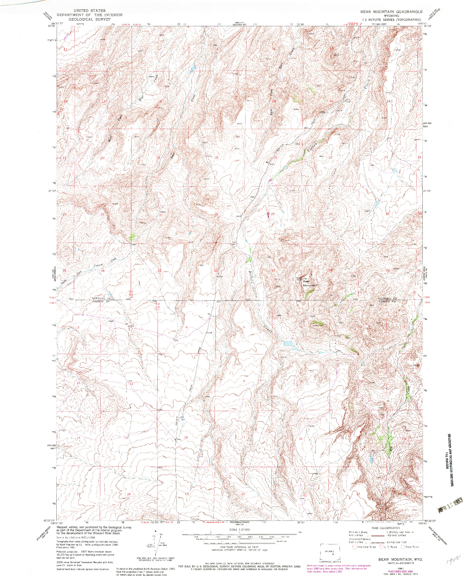 USGS 1:24000-SCALE QUADRANGLE FOR BEAR MOUNTAIN, WY 1951