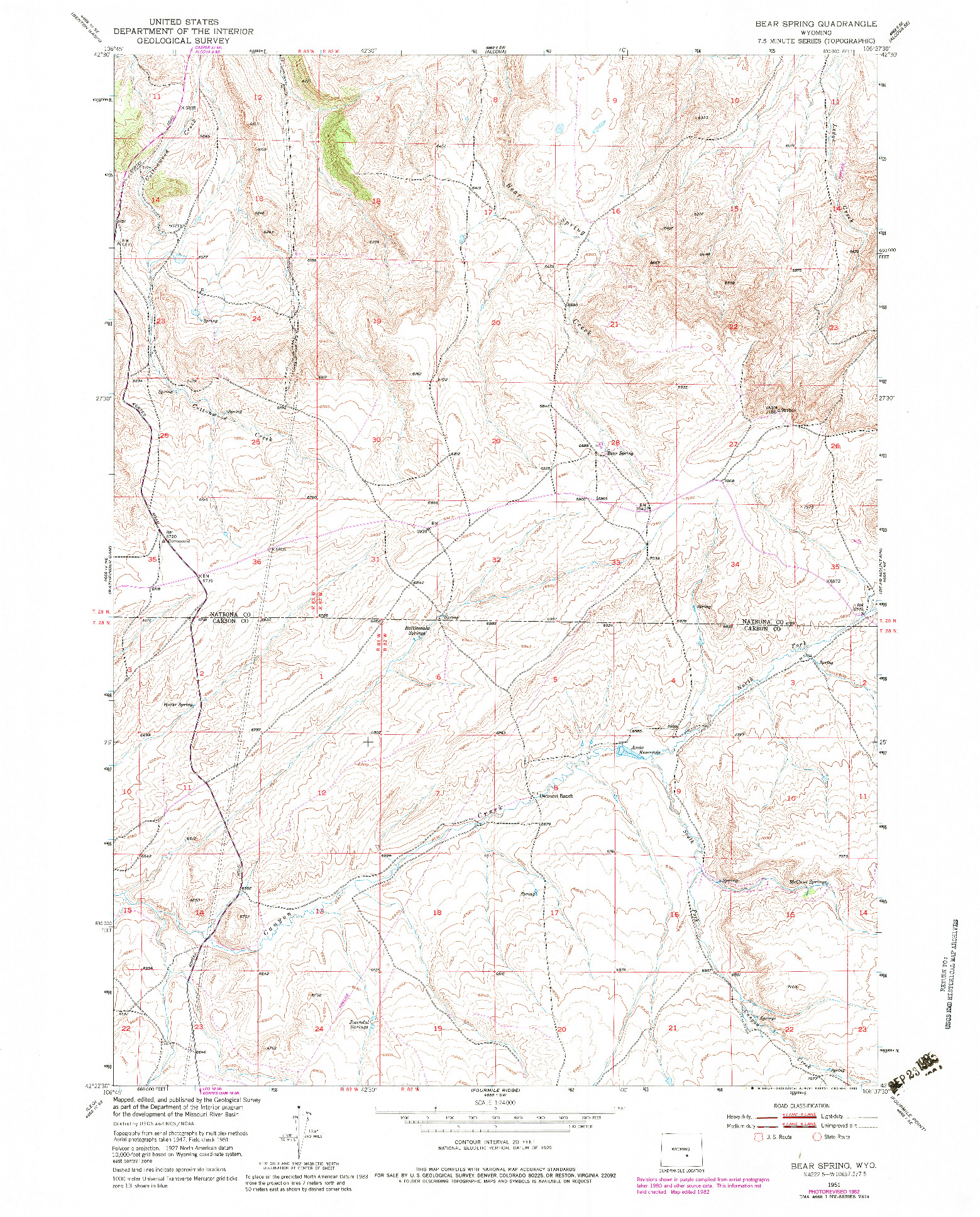 USGS 1:24000-SCALE QUADRANGLE FOR BEAR SPRING, WY 1951