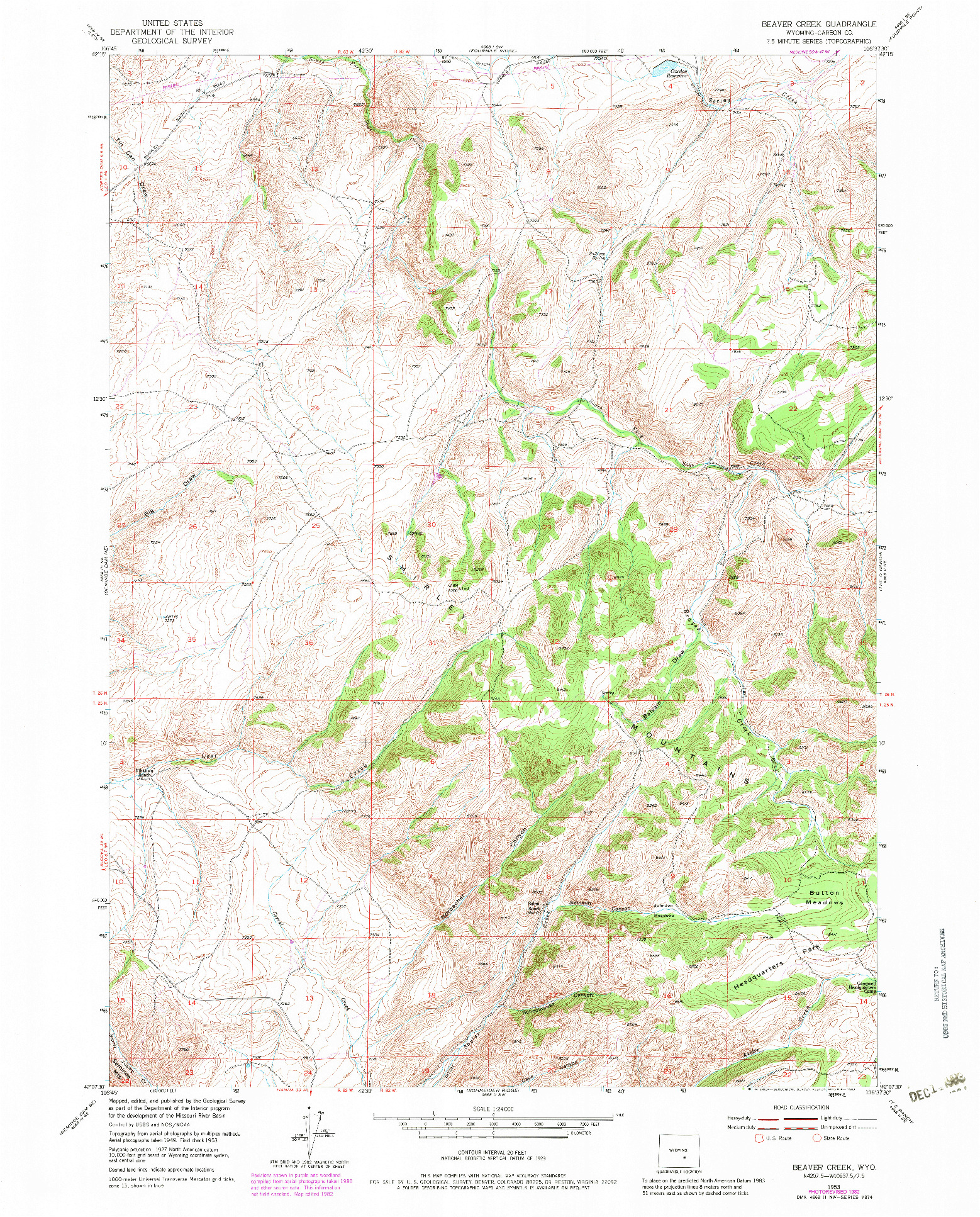 USGS 1:24000-SCALE QUADRANGLE FOR BEAVER CREEK, WY 1953