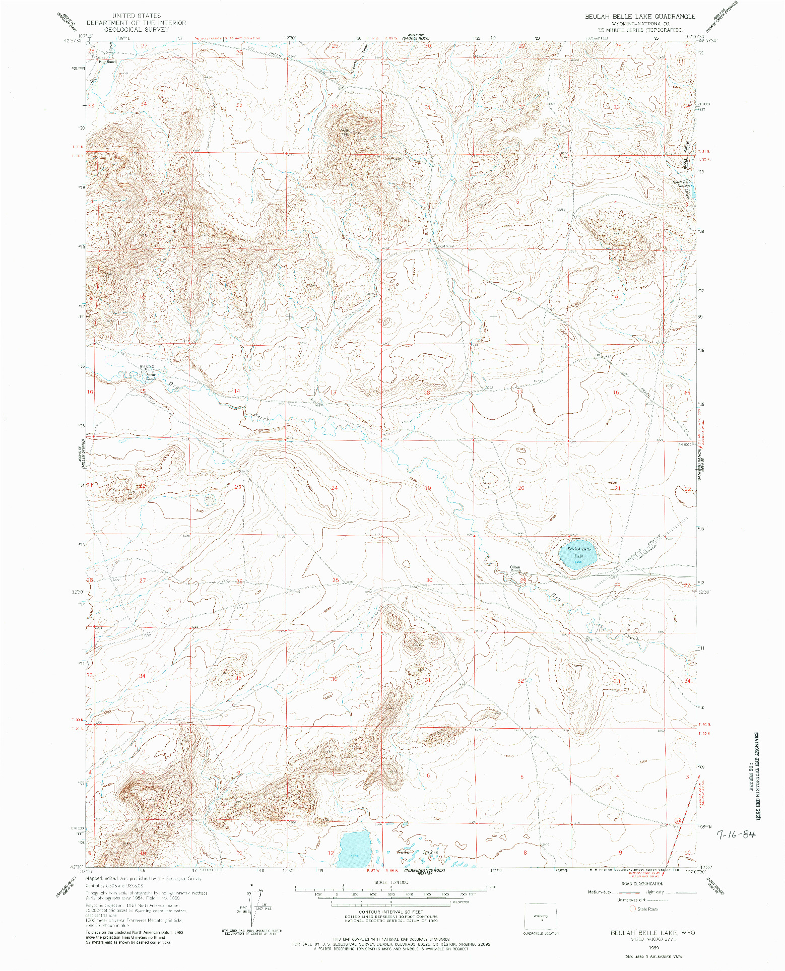 USGS 1:24000-SCALE QUADRANGLE FOR BEULAH BELLE LAKE, WY 1959