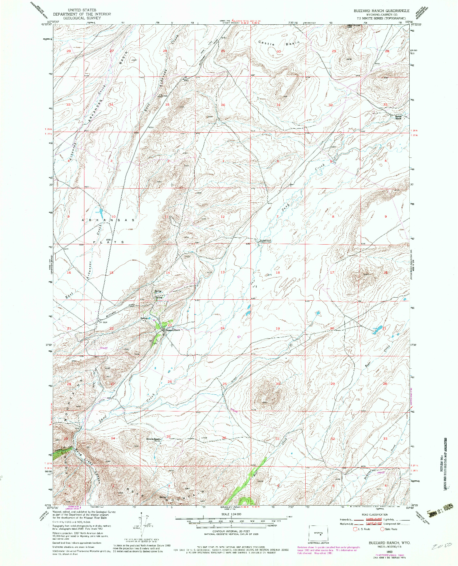 USGS 1:24000-SCALE QUADRANGLE FOR BUZZARD RANCH, WY 1953