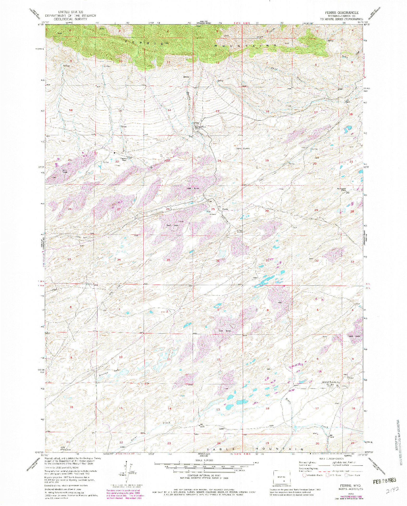USGS 1:24000-SCALE QUADRANGLE FOR FERRIS, WY 1953