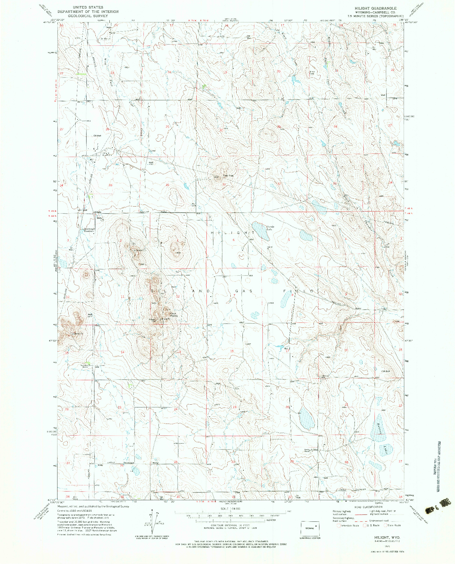 USGS 1:24000-SCALE QUADRANGLE FOR HILIGHT, WY 1971
