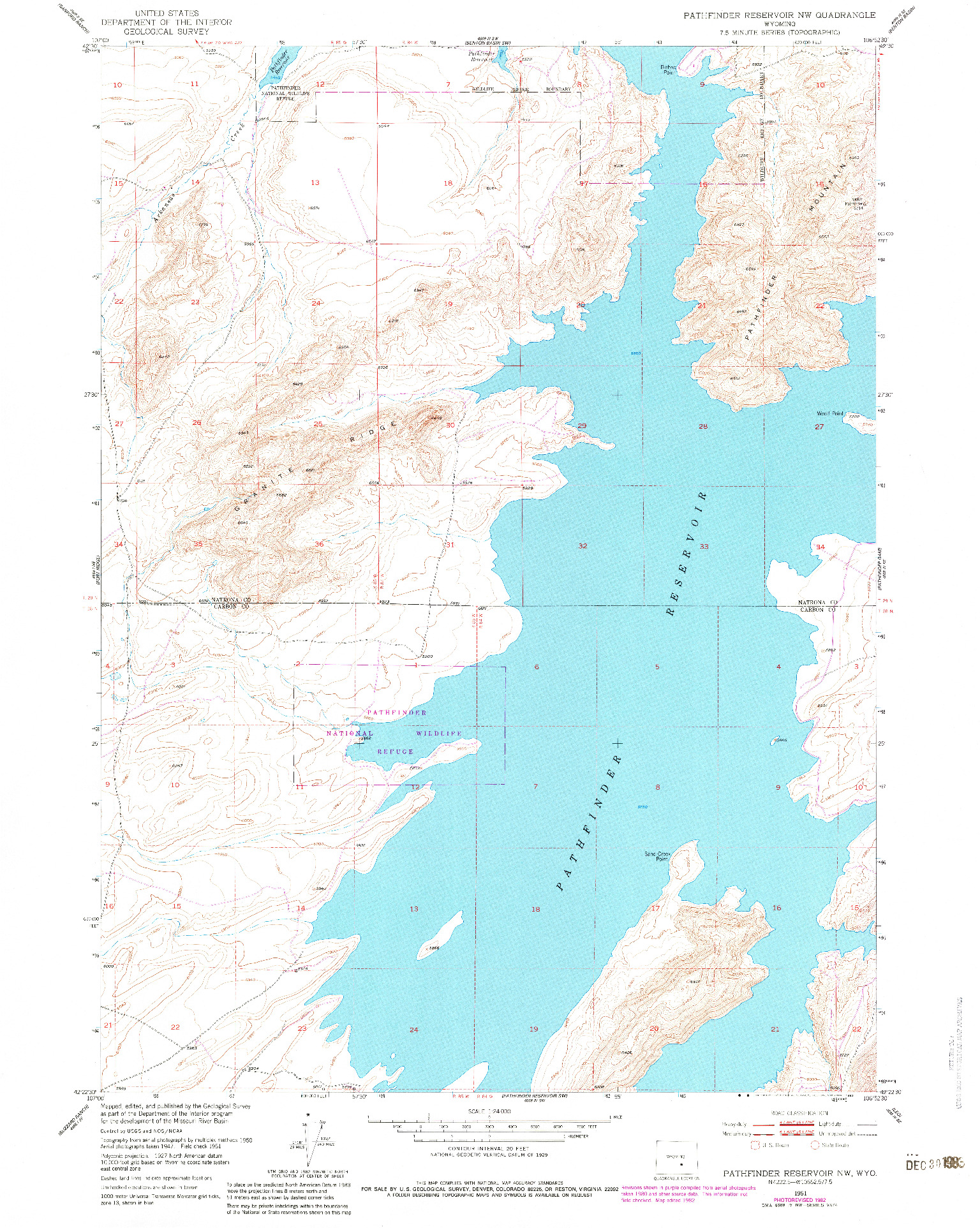 USGS 1:24000-SCALE QUADRANGLE FOR PATHFINDER RESERVOIR NW, WY 1951