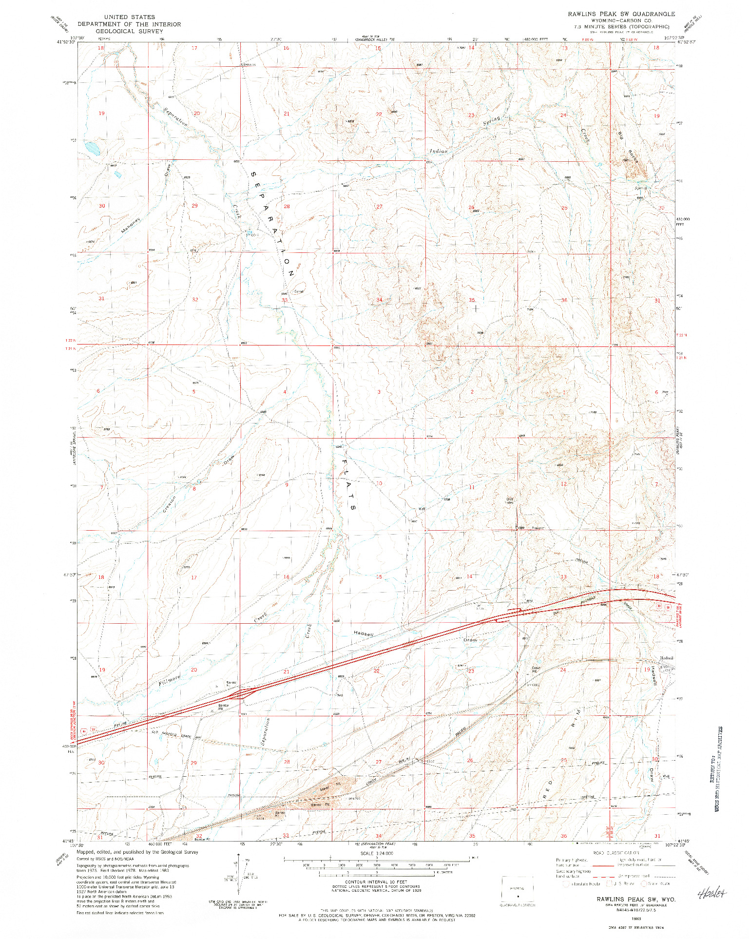 USGS 1:24000-SCALE QUADRANGLE FOR RAWLINS PEAK SW, WY 1983