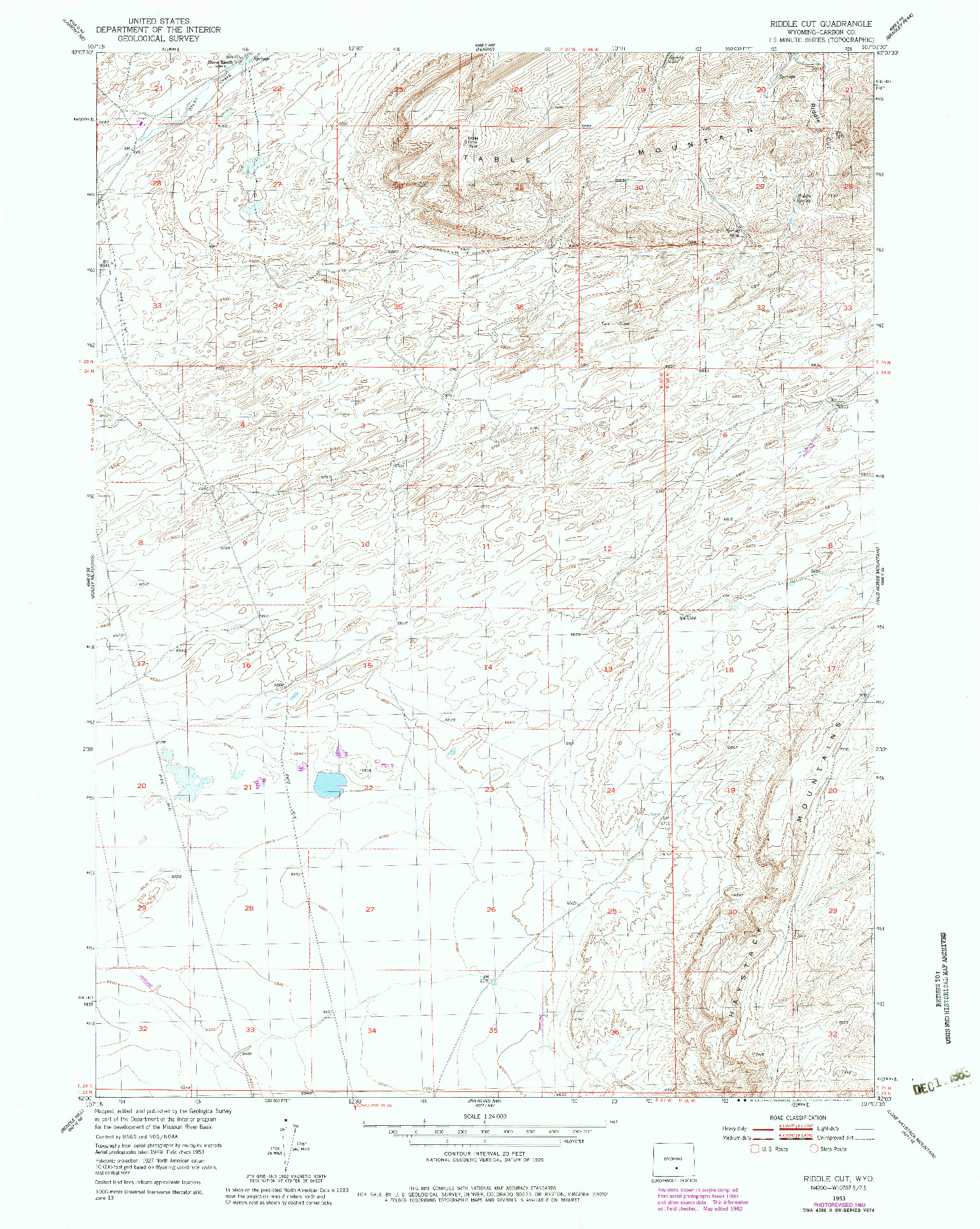 USGS 1:24000-SCALE QUADRANGLE FOR RIDDLE CUT, WY 1953
