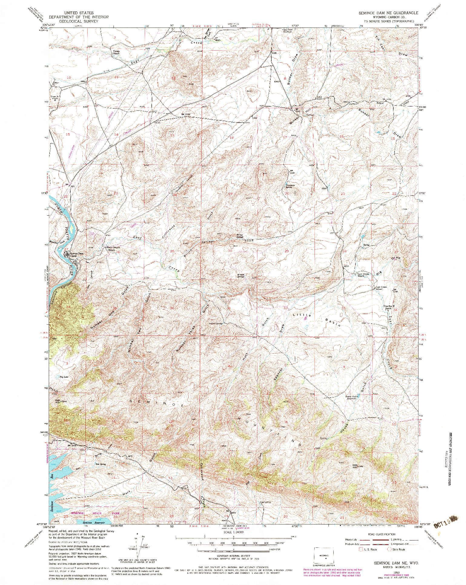 USGS 1:24000-SCALE QUADRANGLE FOR SEMINOE DAM NE, WY 1953