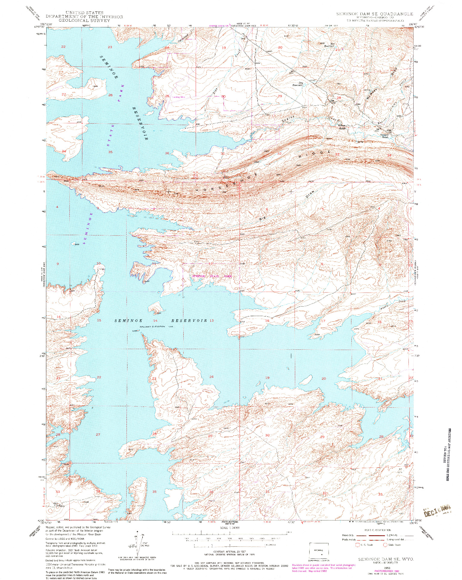USGS 1:24000-SCALE QUADRANGLE FOR SEMINOE DAM SE, WY 1953