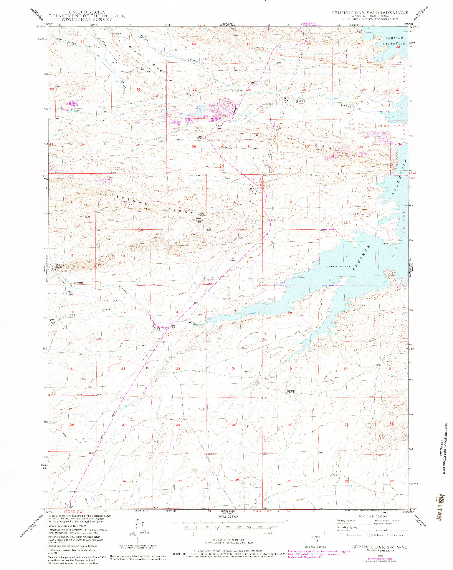 USGS 1:24000-SCALE QUADRANGLE FOR SEMINOE DAM SW, WY 1953