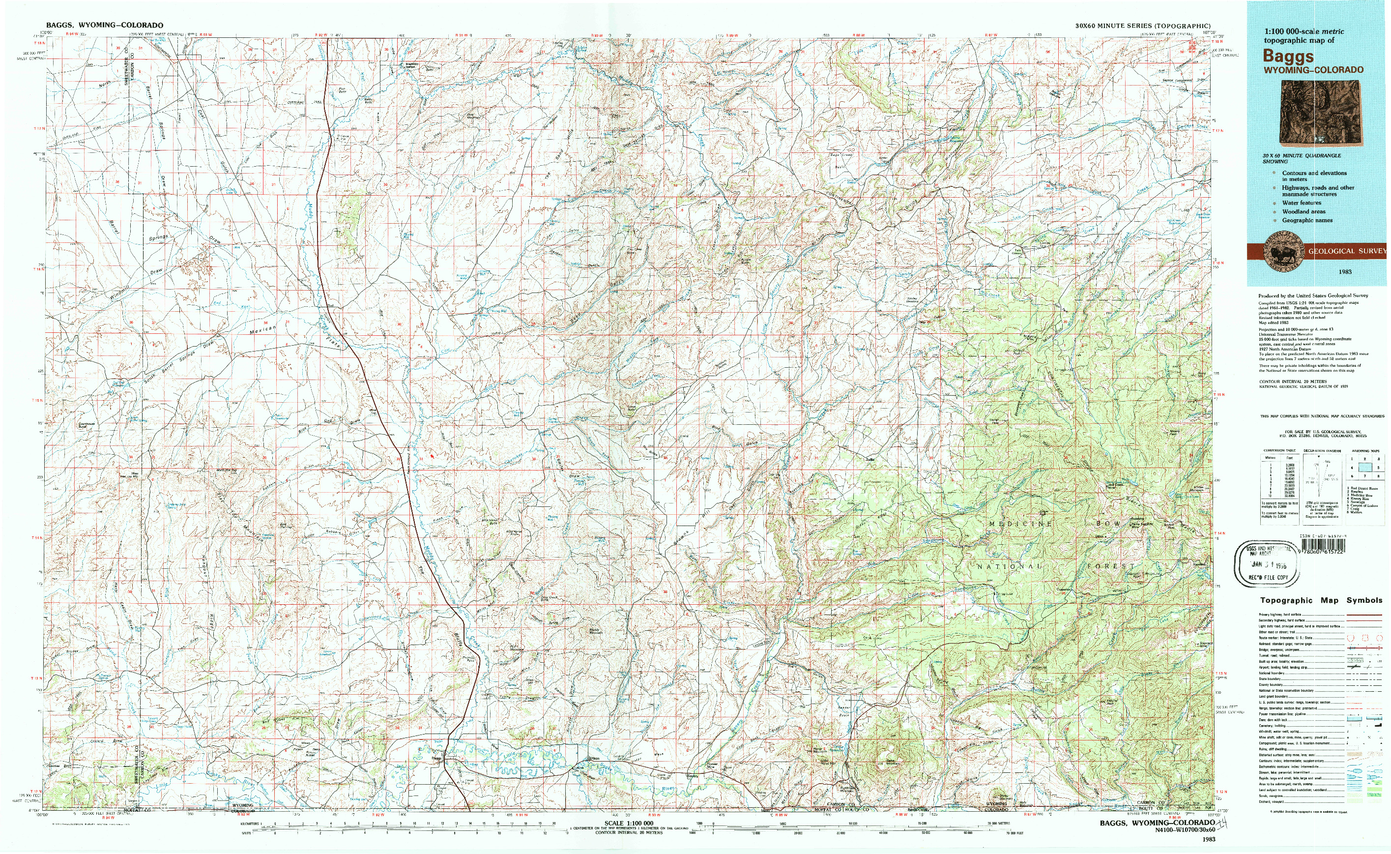 USGS 1:100000-SCALE QUADRANGLE FOR BAGGS, WY 1983