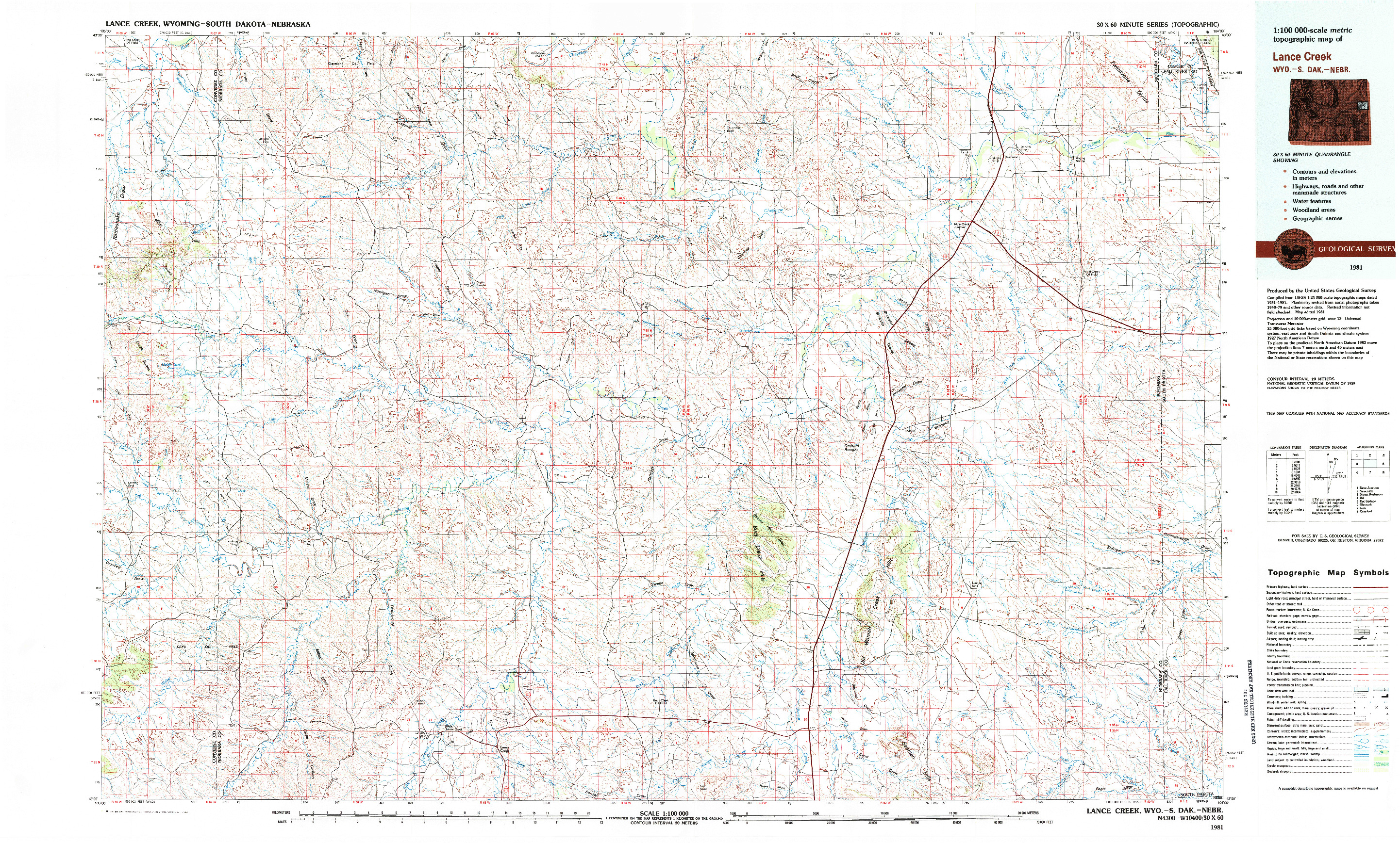 USGS 1:100000-SCALE QUADRANGLE FOR LANCE CREEK, WY 1981