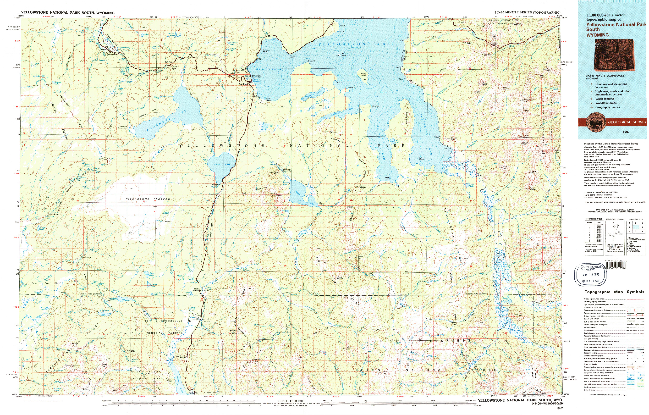 USGS 1:100000-SCALE QUADRANGLE FOR YELLOWSTONE NATIONAL PARK SOUTH, WY 1982
