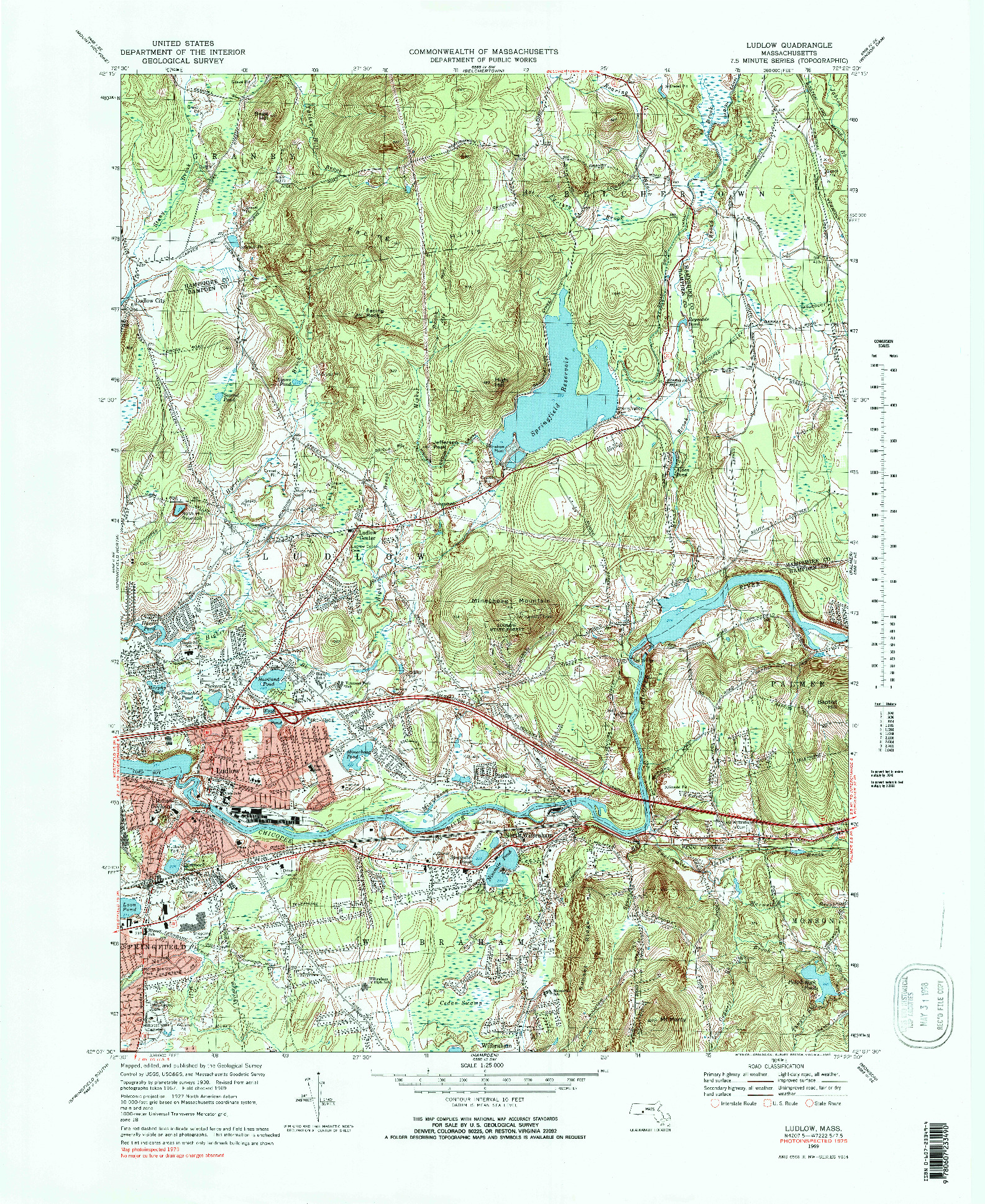 USGS 1:25000-SCALE QUADRANGLE FOR LUDLOW, MA 1969